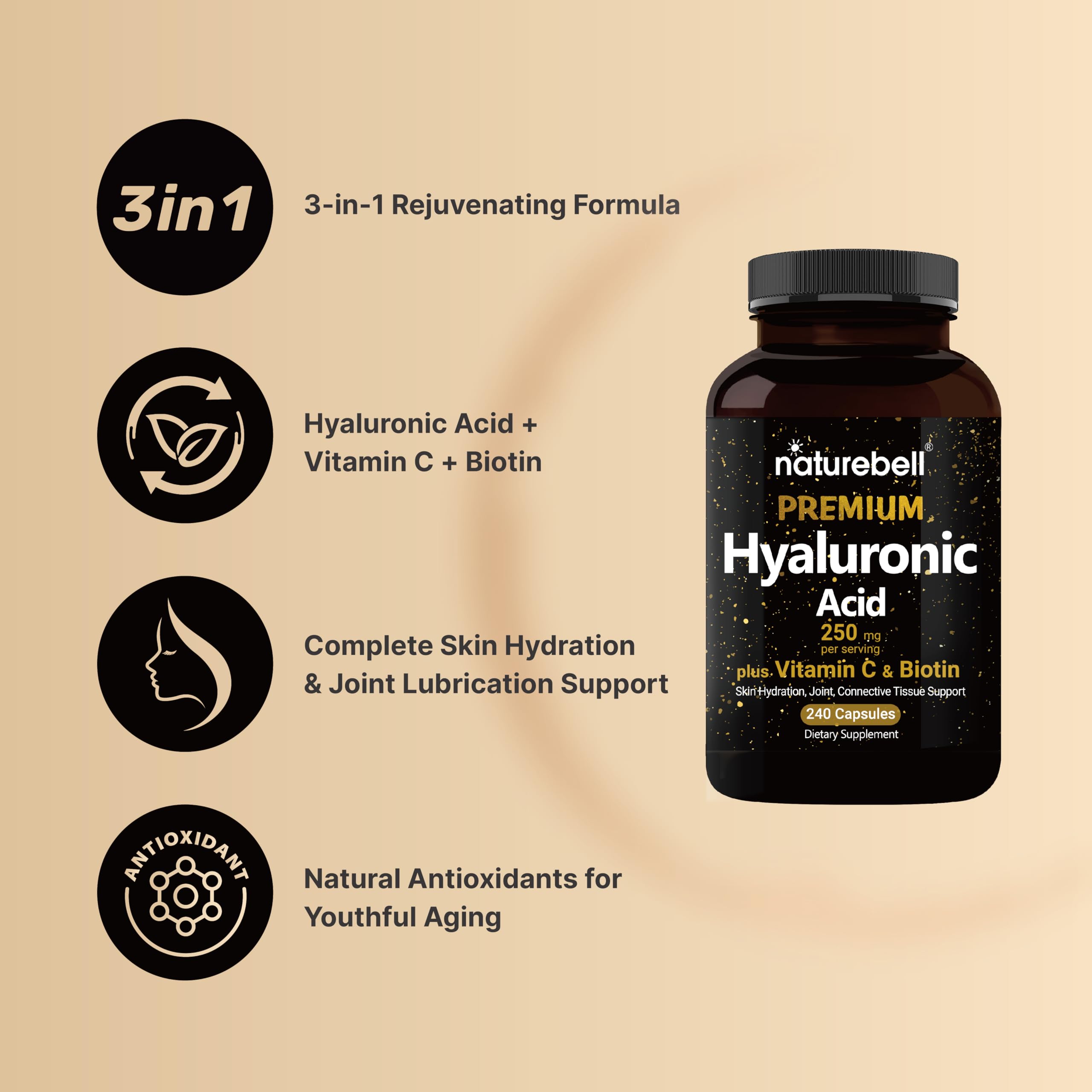 NatureBell Hyaluronic Acid Supplements 250mg | 240 Capsules, with Biotin 5000mcg NatureBell Au supplements