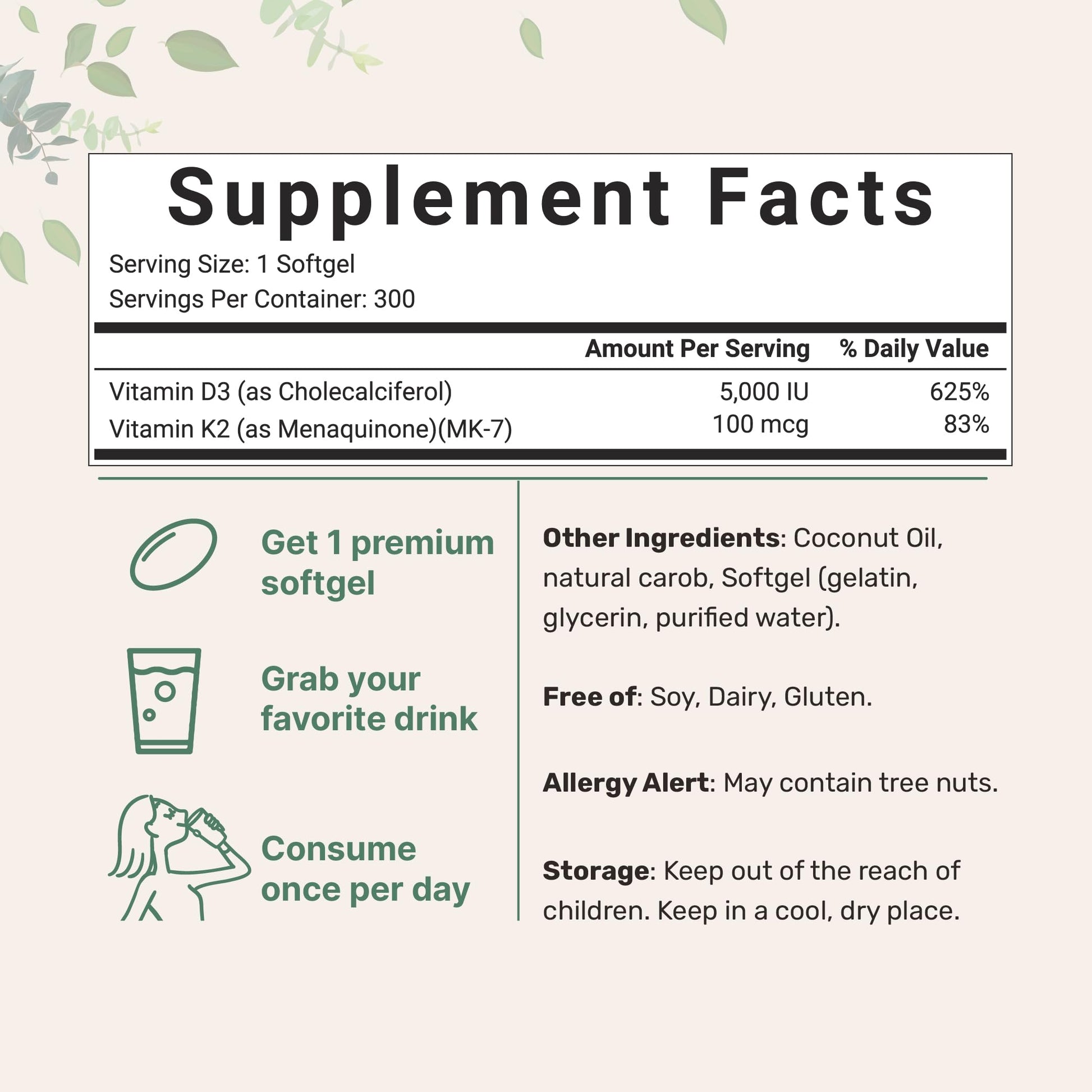 Micro Ingredients Vitamin D3 5000 IU Plus K2 (MK-7) 100 mcg, 300 Virgin Coconut Oil Softge Micro Ingredients Au supplements