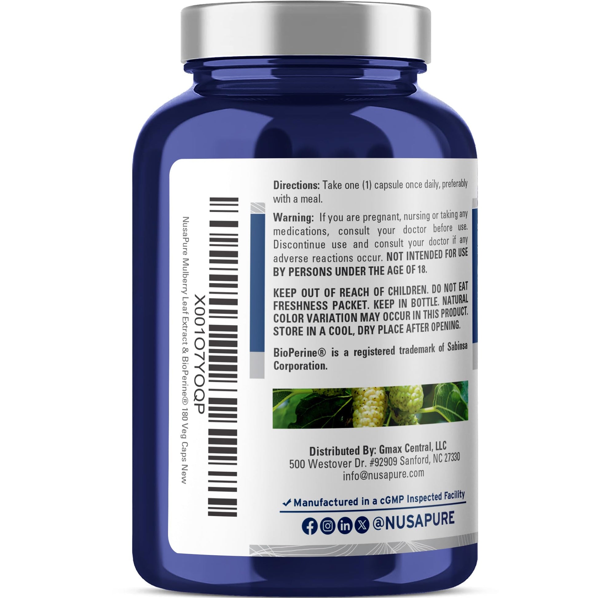 NusaPure White Mulberry Leaf Extract 10:1 Extract, 500 mg Equivalent to 5000mg 180 Veg Caps (Vegan, Non GMO Bioperine) NusaPure Au supplements