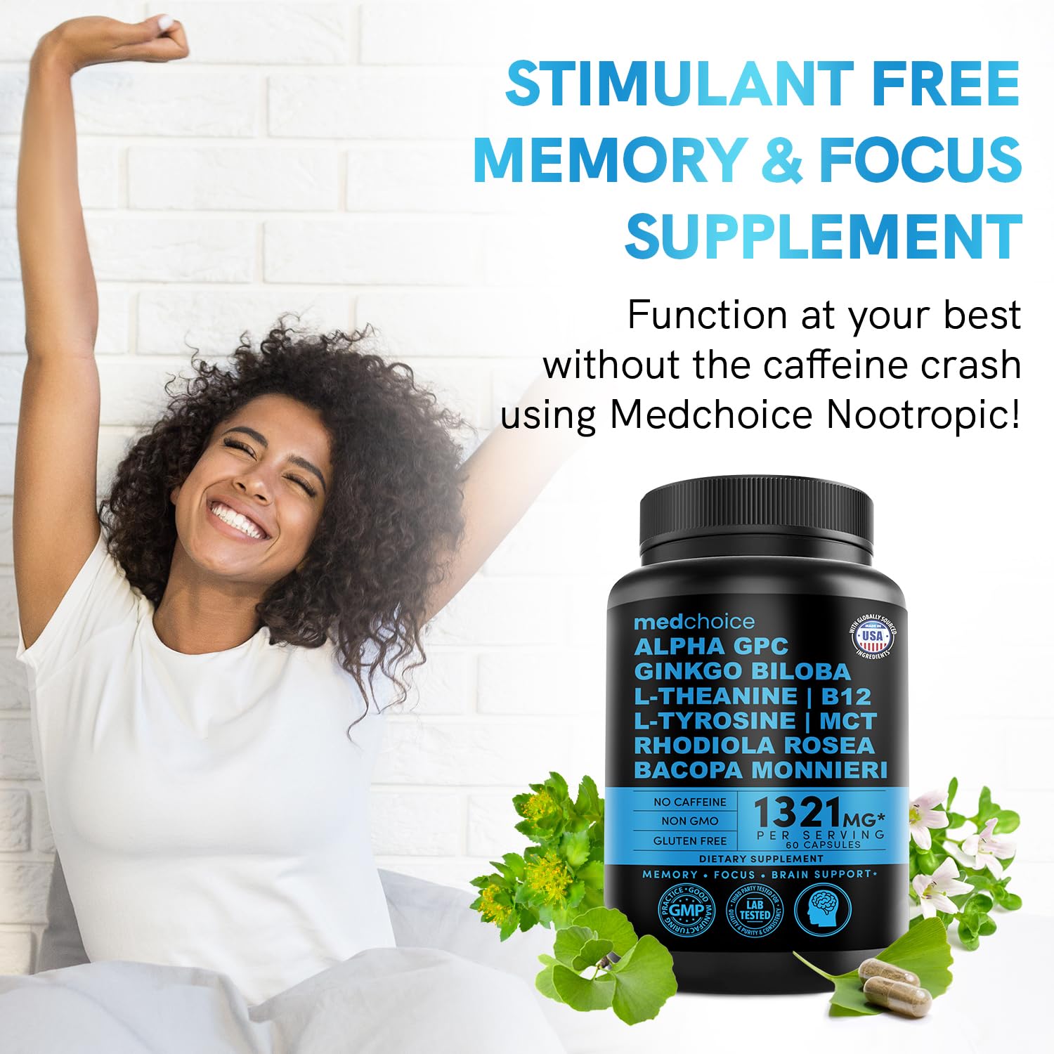 12-in-1 Nootropic Brain Supplement Anhydrous: Ginkgo Biloba for Brain Support, Memory and Focus - B12, Alpha GPC, L Theanine and Choline Supplements with Bioperine Non Caffeinated 1321mg (60ct) MEDCHOICE Au supplements