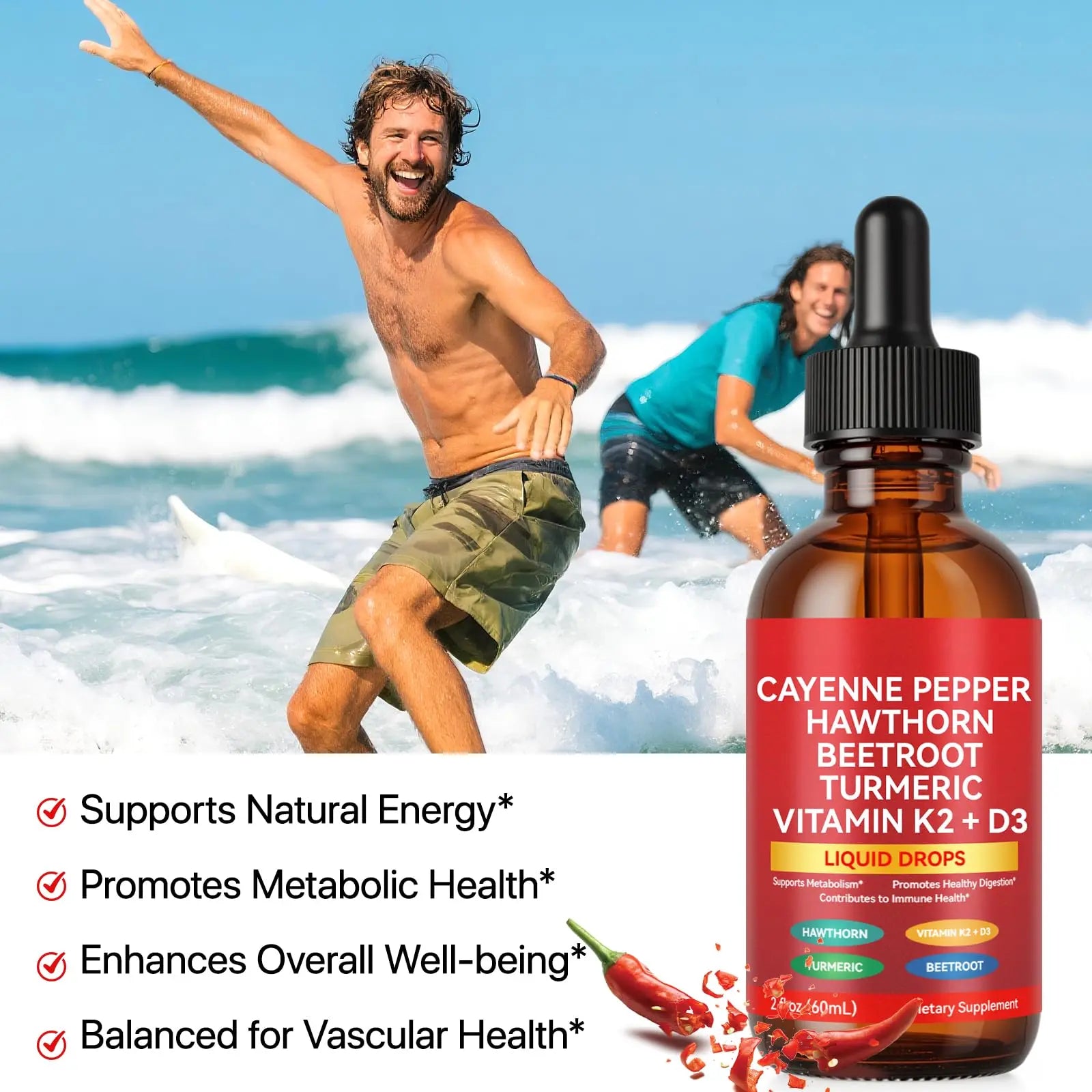 Cayenne Pepper Drops, Liquid Cayenne Pepper Organic, Cayenne Health Supplements, Cayenne Pepper Hawthorn Beet Root Turmeric Curcumin, Vitamin K2 & D3, Vegan-Friendly- 2 Fl Oz Vortexonix Au supplements