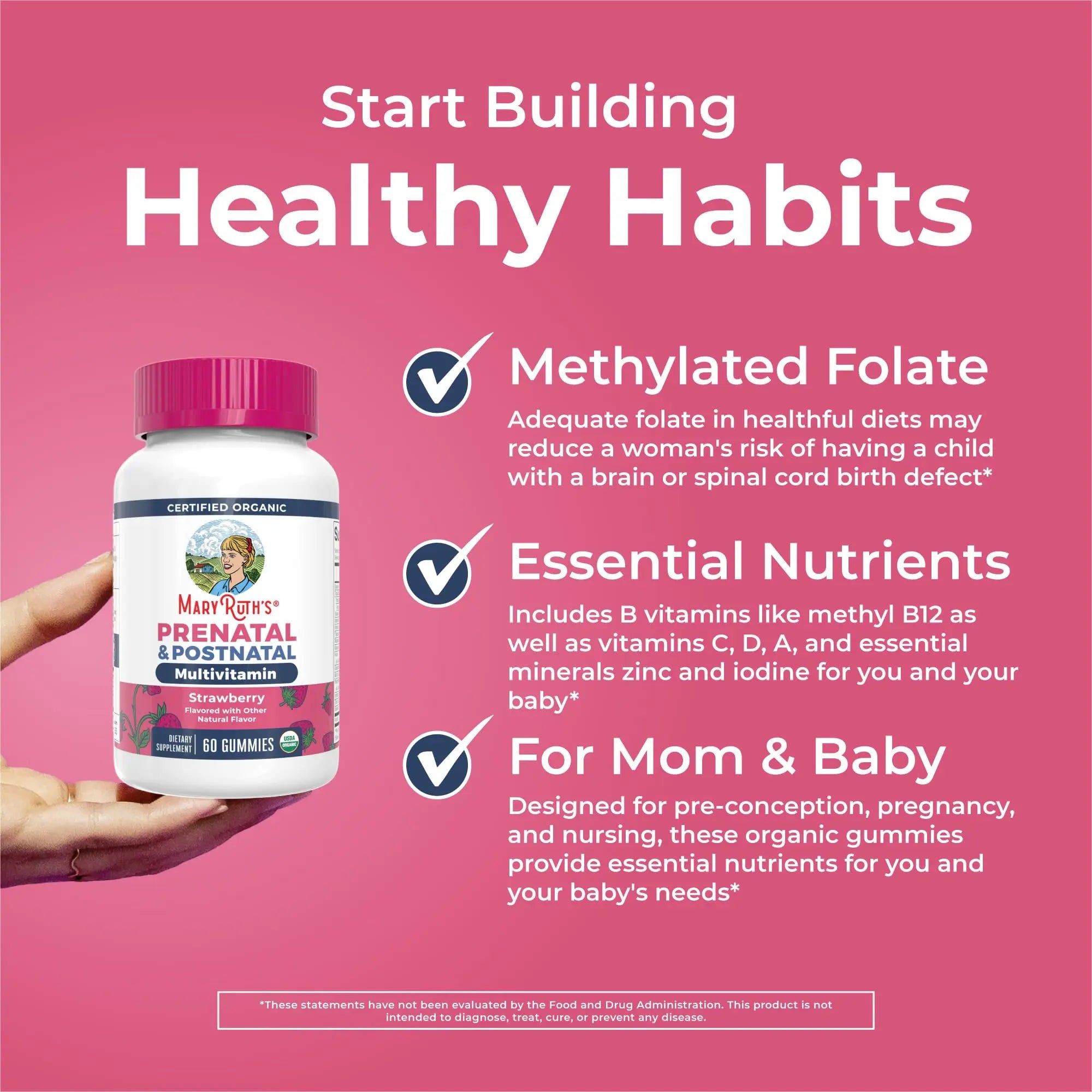 MaryRuth Organics Prenatal Vitamins for Women | USDA Organic Prenatal Gummies | Postnatal Vitamins for Women Breastfeeding | Methylfolate 800 mcg DFE | Iodine | Vegan | Non GMO | 30 Servings MARYRUTH'S Au supplements