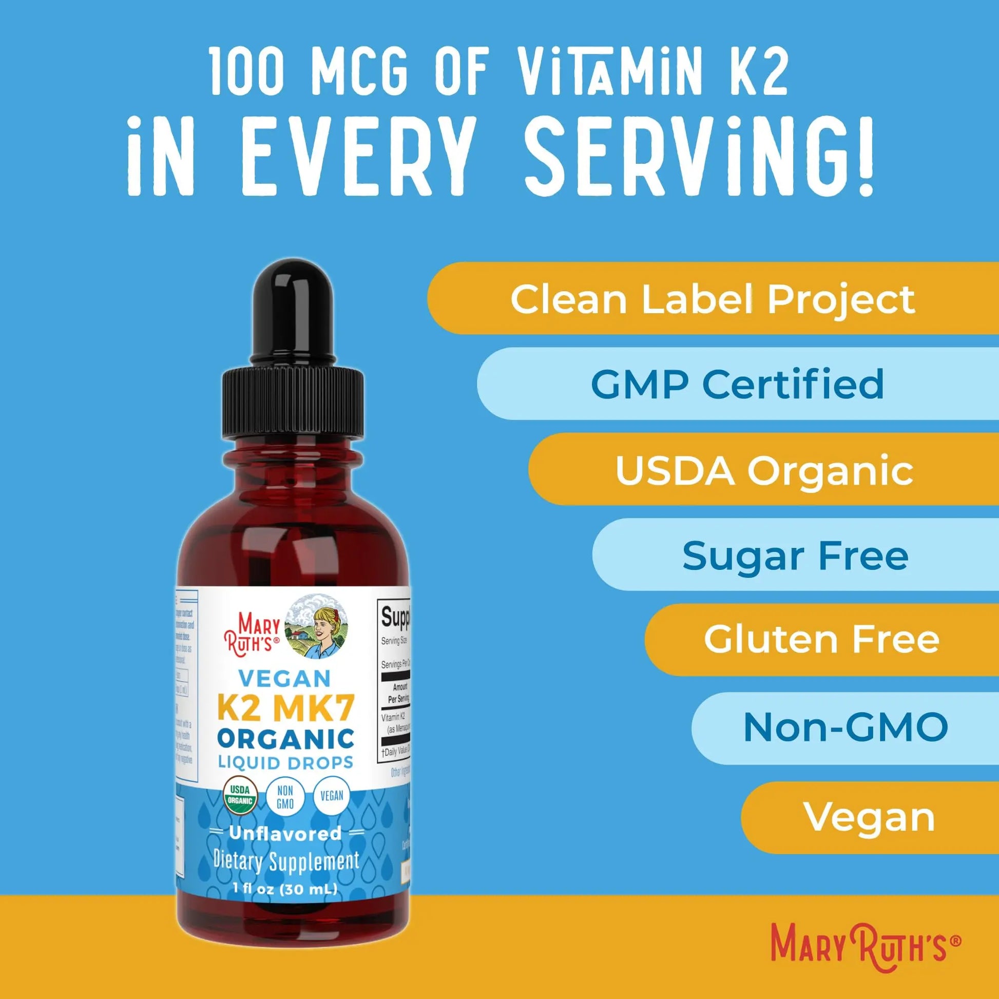 MaryRuth’s USDA Organic Vitamin K2 MK7 Liquid Drops for Adults & Kids | Sourced from Natto | Menaquinone- 7 | Vegan K2 Vitamin for Bone Health & Calcium Absorption | 1oz | Up to 90 Servings MARYRUTH'S Au supplements