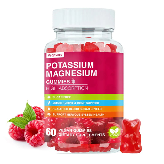 Potassium Magnesium Gummies - High Absorption Magnesium Glycinate & Potassium Citrate Plus Coenzyme Q10, DHA, D3, Mineral & Calcium for Zzz, Leg Cramps & Muscle - 60 Raspberry Gummies VegaveroAU supplements