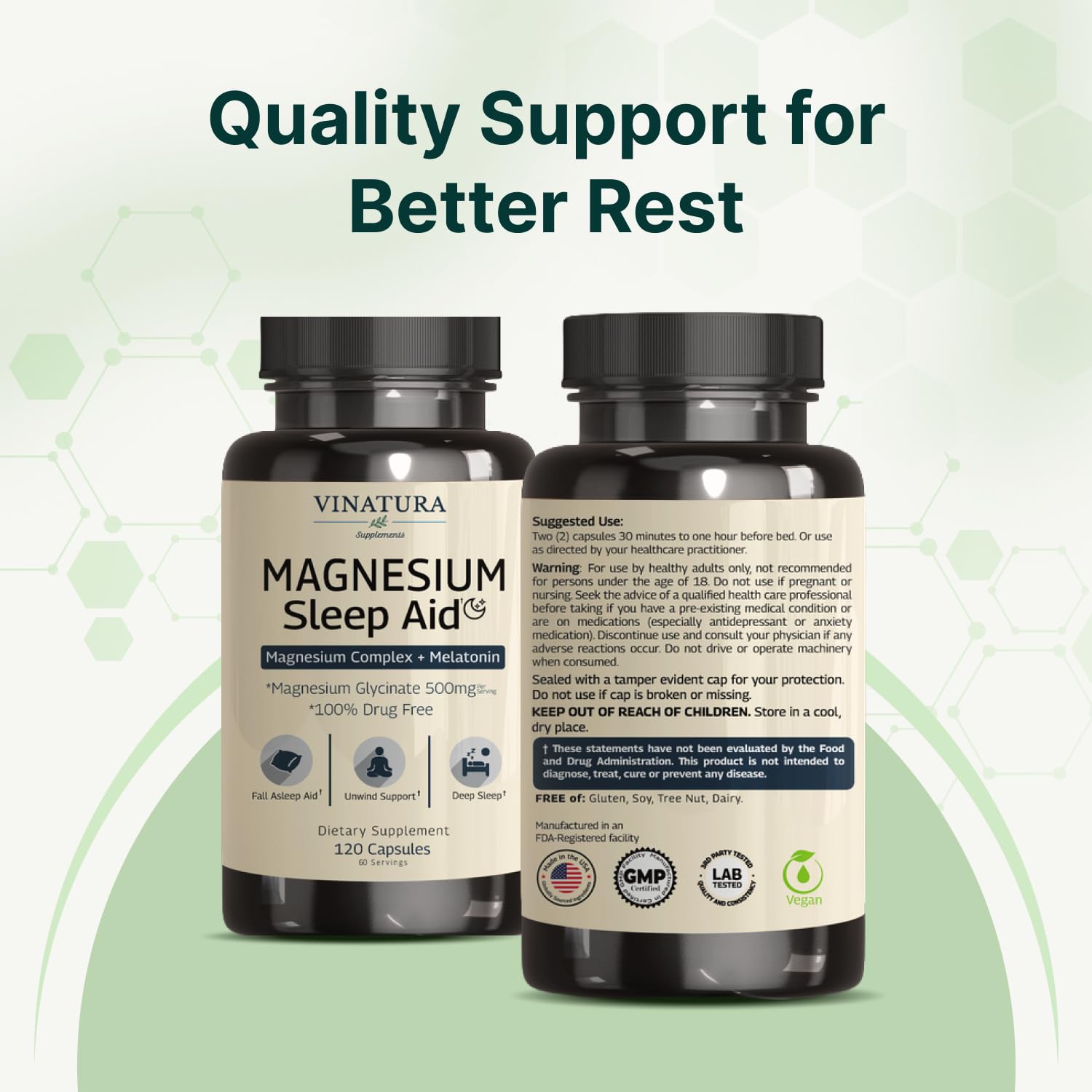 Magnesium Sleep Aid - Magnesium Glycinate Complex for Sleep with Melatonin Supplement - Glycinate 500mg, L-Theanine - 120 Capsules VINATURA Au supplements