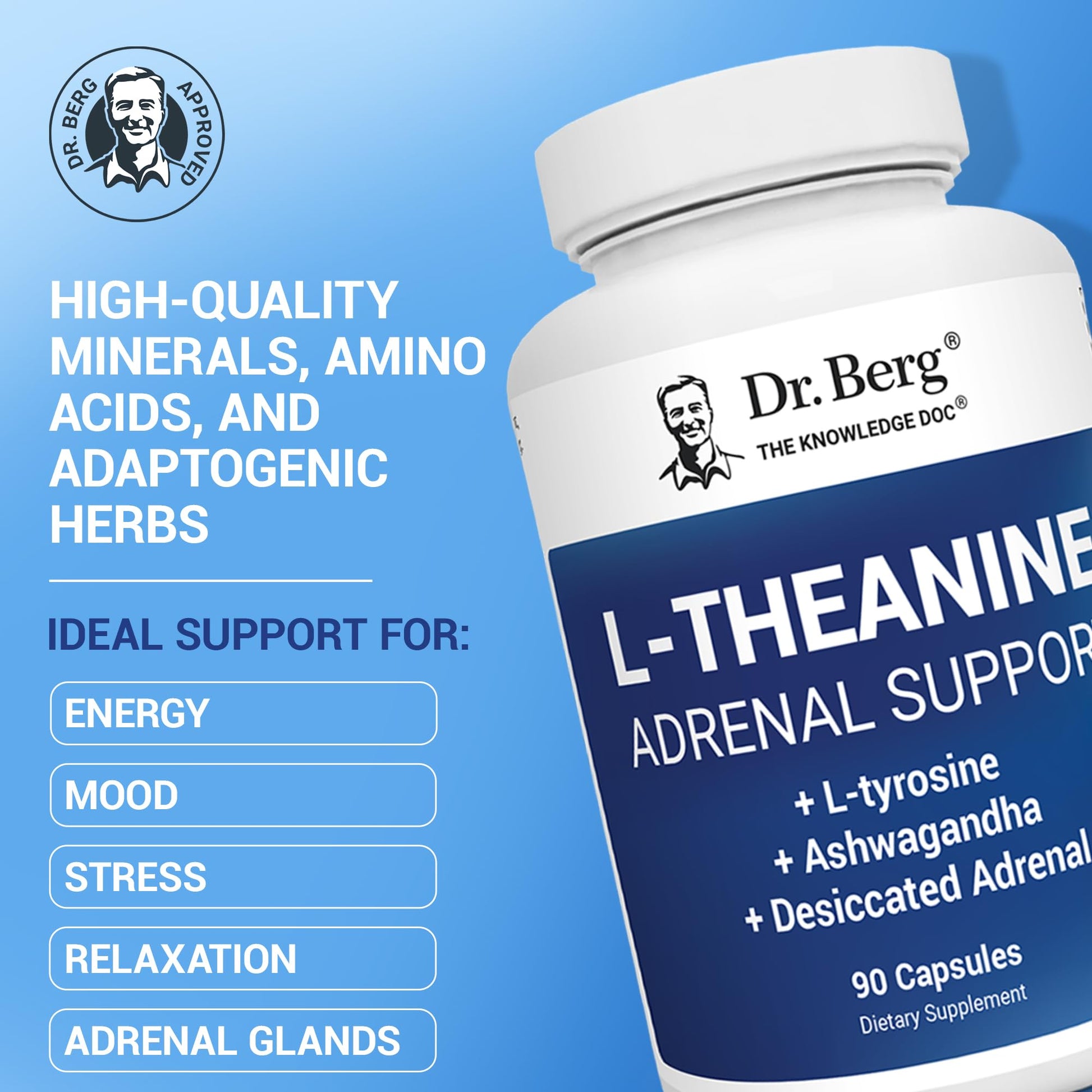 Dr. Berg L-Theanine 200mg - Includes Zinc, Copper, L-Tyrosine, & Ashwagandha – L-Theanine Supplement Adrenal Support - for Relaxation, Stress Relief, and Mental Clarity* – 90 Gelatin Capsules Dr. Berg NutritionalsUS supplements