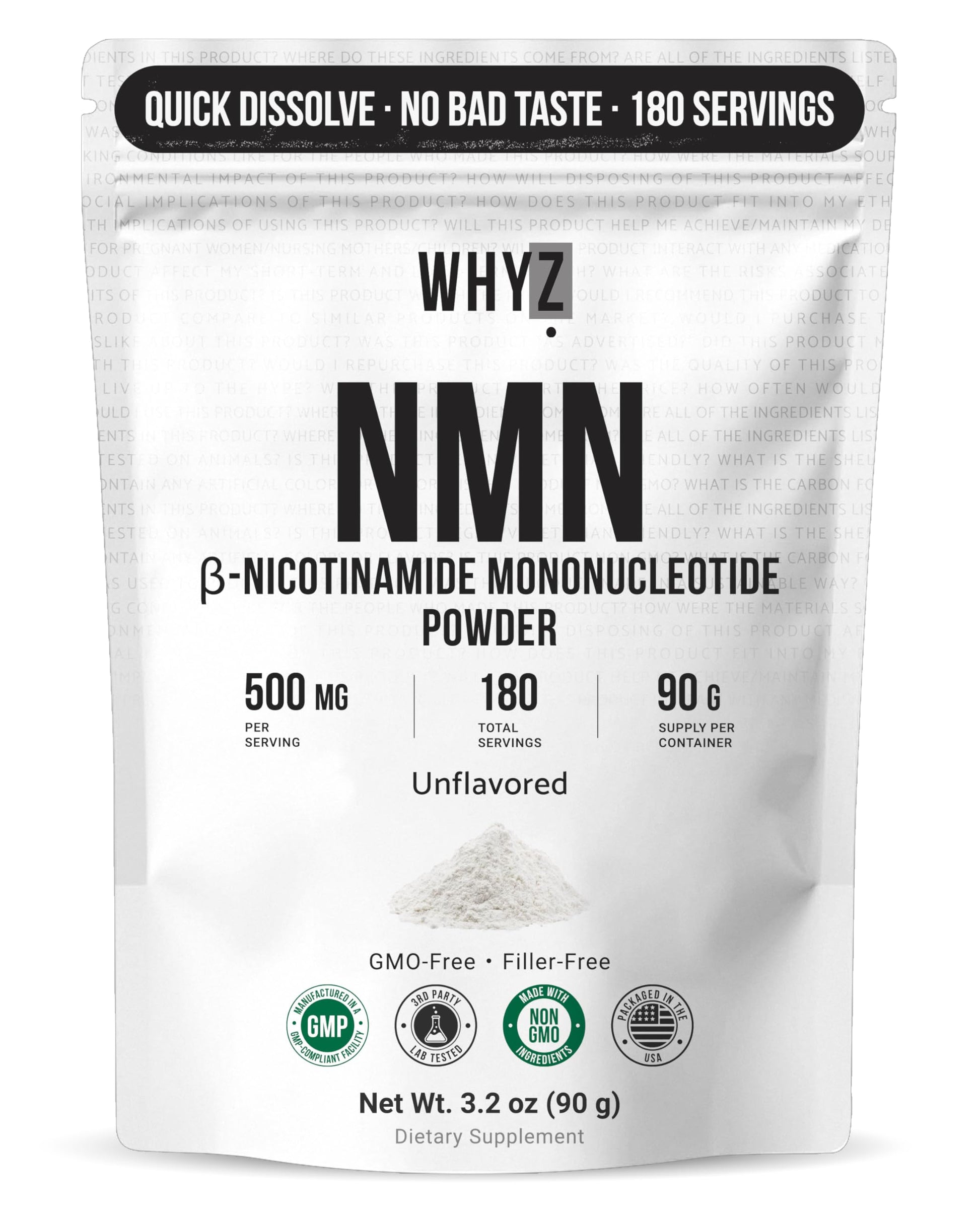 Pure NMN Powder Nicotinamide Mononucleotide Quick Dissolved NMN Supplement Powder 100% Unflavored NMN Supplement Supports NAD+ Levels Vegan Friendly Non-GMO, 90g WHYZ Au supplements