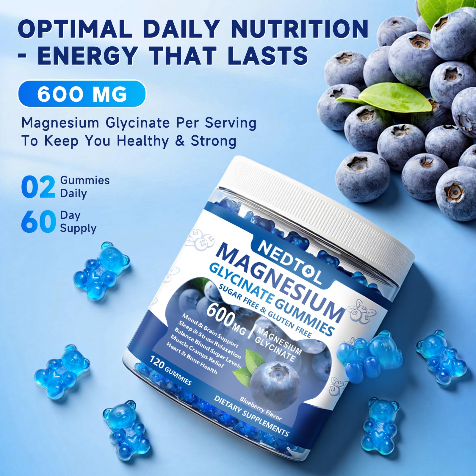 Nedtol Magnesium Glycinate Gummies 600mg, Sugar Free Magnesium Potassium Supplement for Adults with Magnesium L-Threonate, Vitamin D, B6,and CoQ10 for Sleep, Body Support and Relaxation,120 Count Nedtol Au supplements