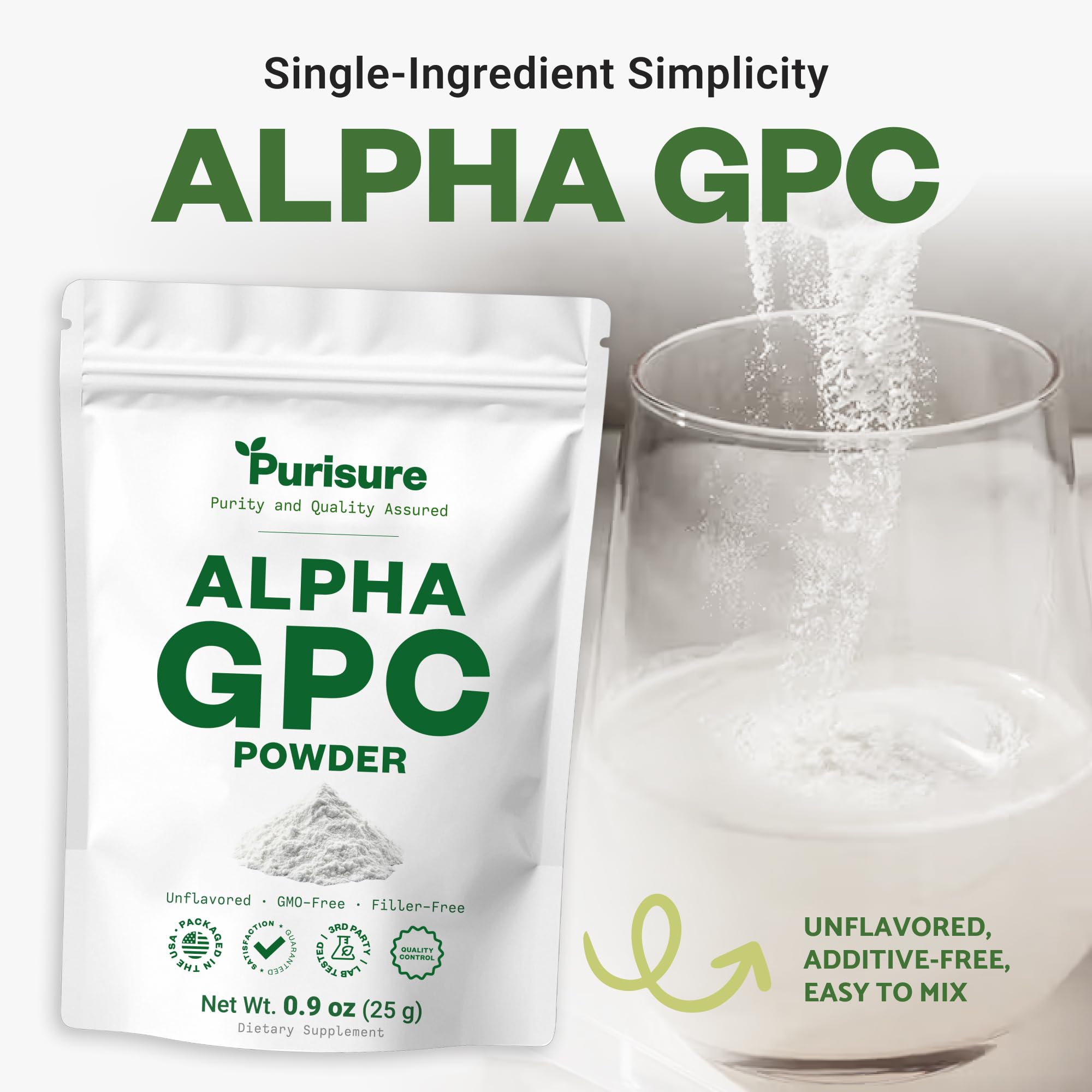Purisure Alpha GPC Powder, 25 g, Pure Alpha GPC Choline Supplement for Brain and Focus, CDP Choline Supplements for Memory Performance & Concentration, No Fillers, Non-GMO, Offers 41 Servings Purisure Au supplements