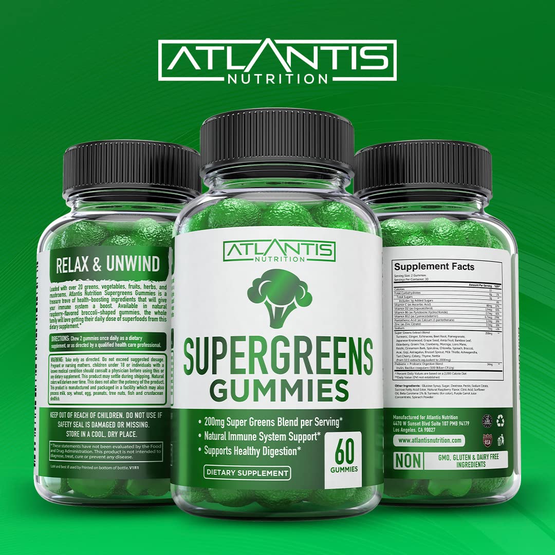 Atlantis Nutrition Supergreens Gummies - Daily Green Superfoods Supplement with Spinach, Broccoli, Moringa, Beet Root, Celery, Green Tea, & Acai for Immunity Support - Natural Raspberry Flavor, 60 cnt Atlantis Nutrition Au supplements
