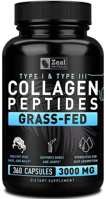 Zeal Naturals Collagen Peptides Collagen Pills (360 Capsules) Grass Fed Collagen Pepetide Powder - Hydrolyzed Collagen Powder for JointTendon SupplementHair Skin and Nails - Zeal Naturals Au supplements