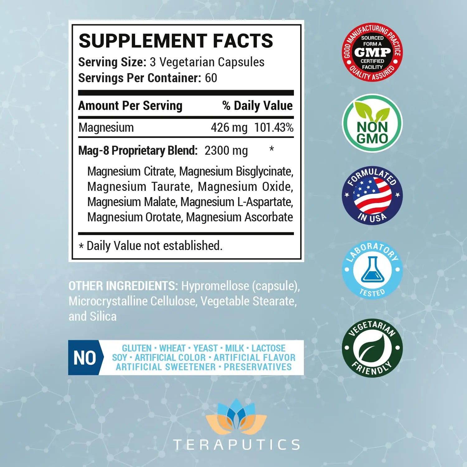 8 in 1 Magnesium Complex for Women & Men 426mg | 180 Vegan Capsules | MAG-8 Blend: Citrate, Bisglycinate, Malate, & More | Non-GMO Magnesio Complex Supplement | Provides 100% Daily Recommended Value Teraputics Au supplements
