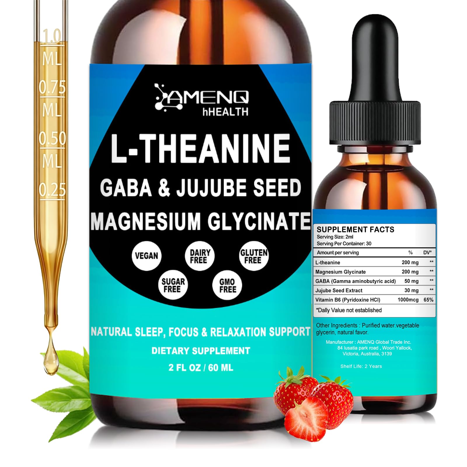 L Theanine Liquid Drops - Double Strength L-Theanine 200mg for Adults & Kids, Fast Absorption Gaba L-Theanine Supplements w. Magnesium & Jujube Seed for Nerve & Sleep, Relaxation & Mood Support丨Vegan AMENQ hHEALTH Au supplements