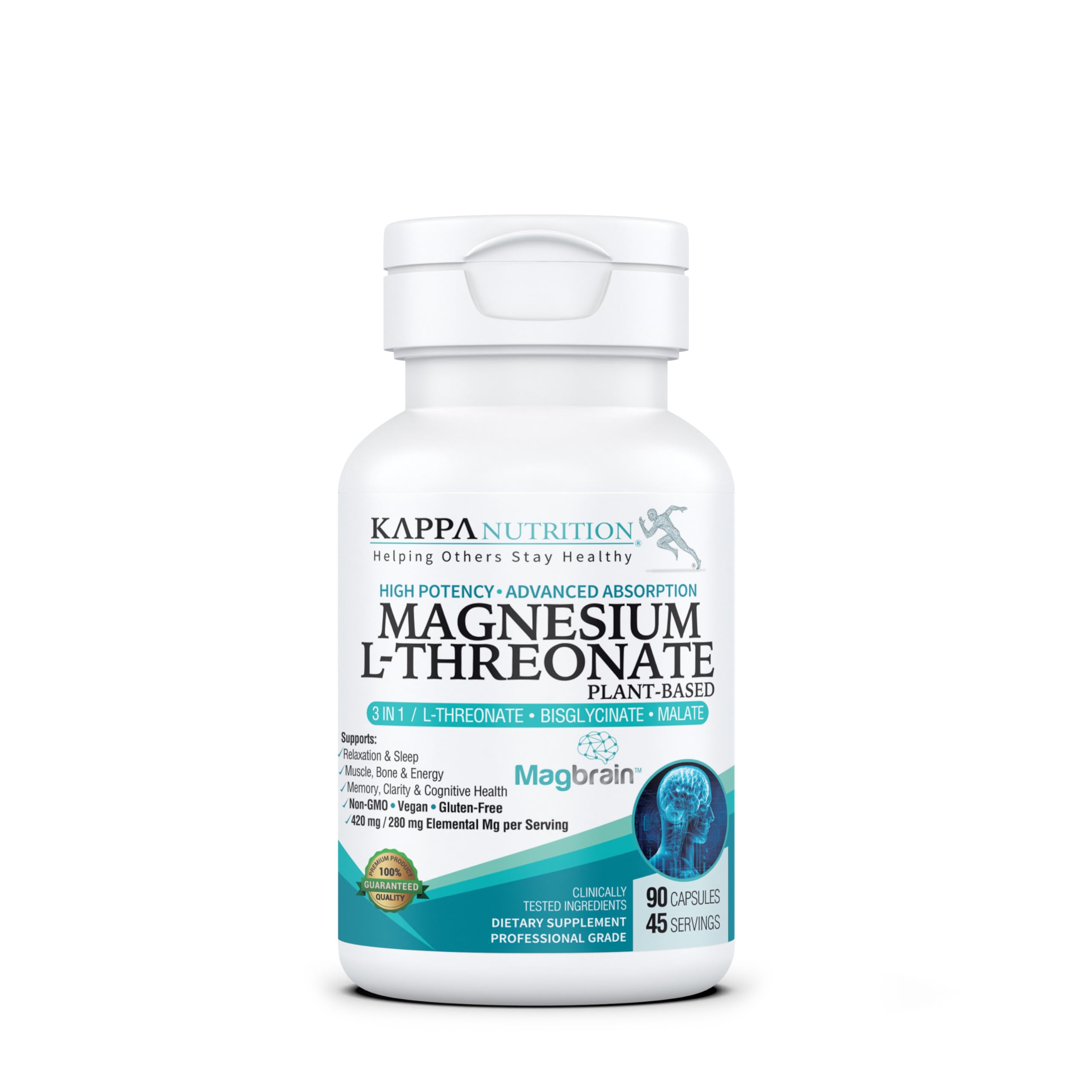 Kappa Nutrition Powered by Magbrain™ Magnesium L-Threonate Plant-Based, 90 Vegan Capsules, 420mg Elemental Magnesium (3 Capsules) from 2,253mg, Brain, Sleep & Muscle Support. KAPPA NUTRITION Au supplements