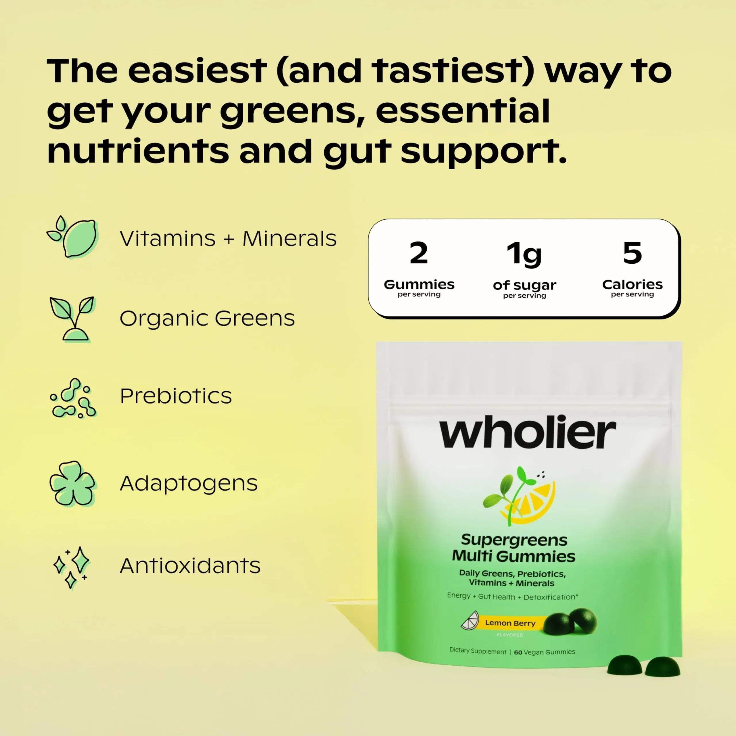 wholier Supergreens Multi Gummies, Daily Greens with Prebiotics, Fiber, Adaptogens, Plant-Based Multivitamin with 9 Essential Vitamins wholier Au supplements