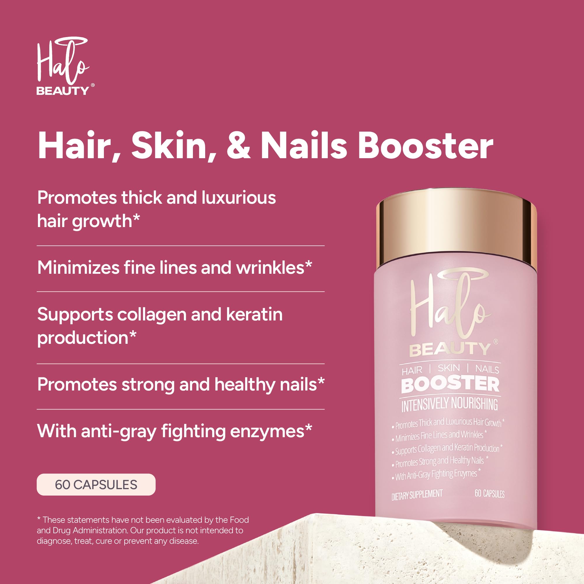 Halo Beauty Hair Skin & Nails Supplement | Thicker Hair Growth, Radiant Skin & Strong Nails Support with Biotin, Saw Palmetto & Phytoceramides | Vegan Capsules | Made in USA | 1-Month Supply Halo Beauty Au supplements