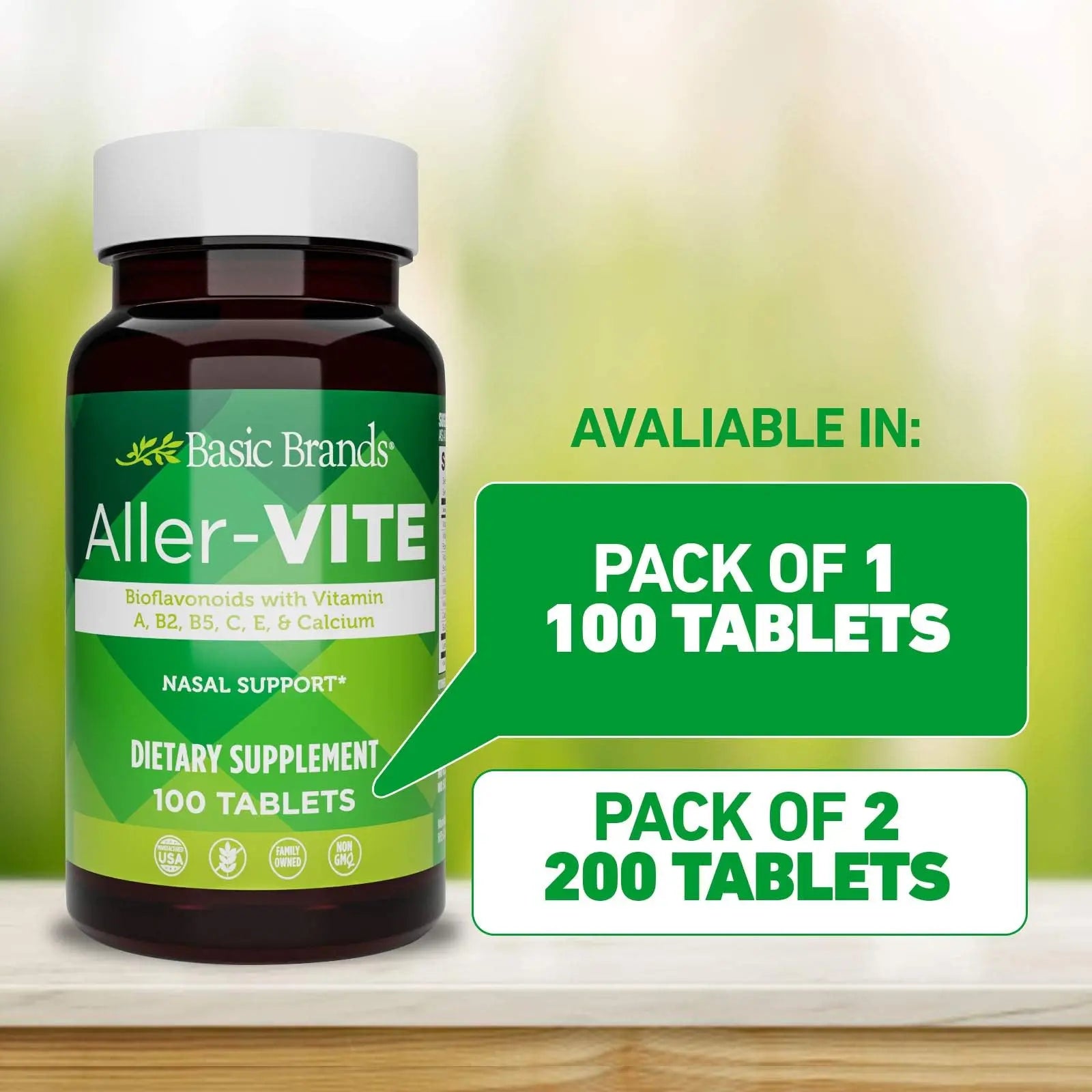 Basic Brands Aller Vite Nasal Support Tablets for Seasonal Allergy Relief, High Bioflavonoid Complex with Vitamins and Calcium, Gluten Free Daily Supplement, 100 Tablets Basic Brands Au supplements