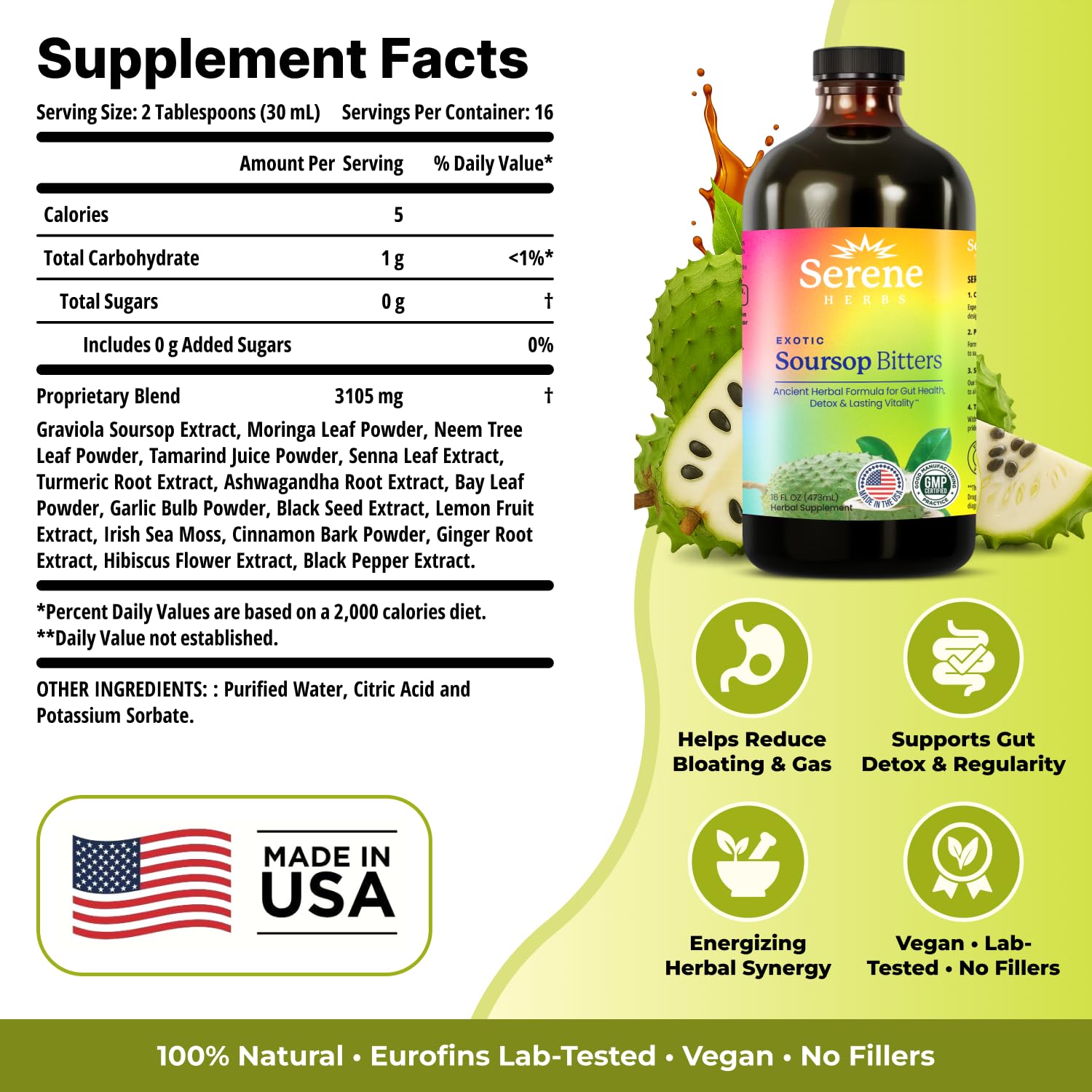 Serene Herbs - Soursop Bitters Liquid - Organic Herbal Guanabana Detox with Black Seed, Moringa & Ginger