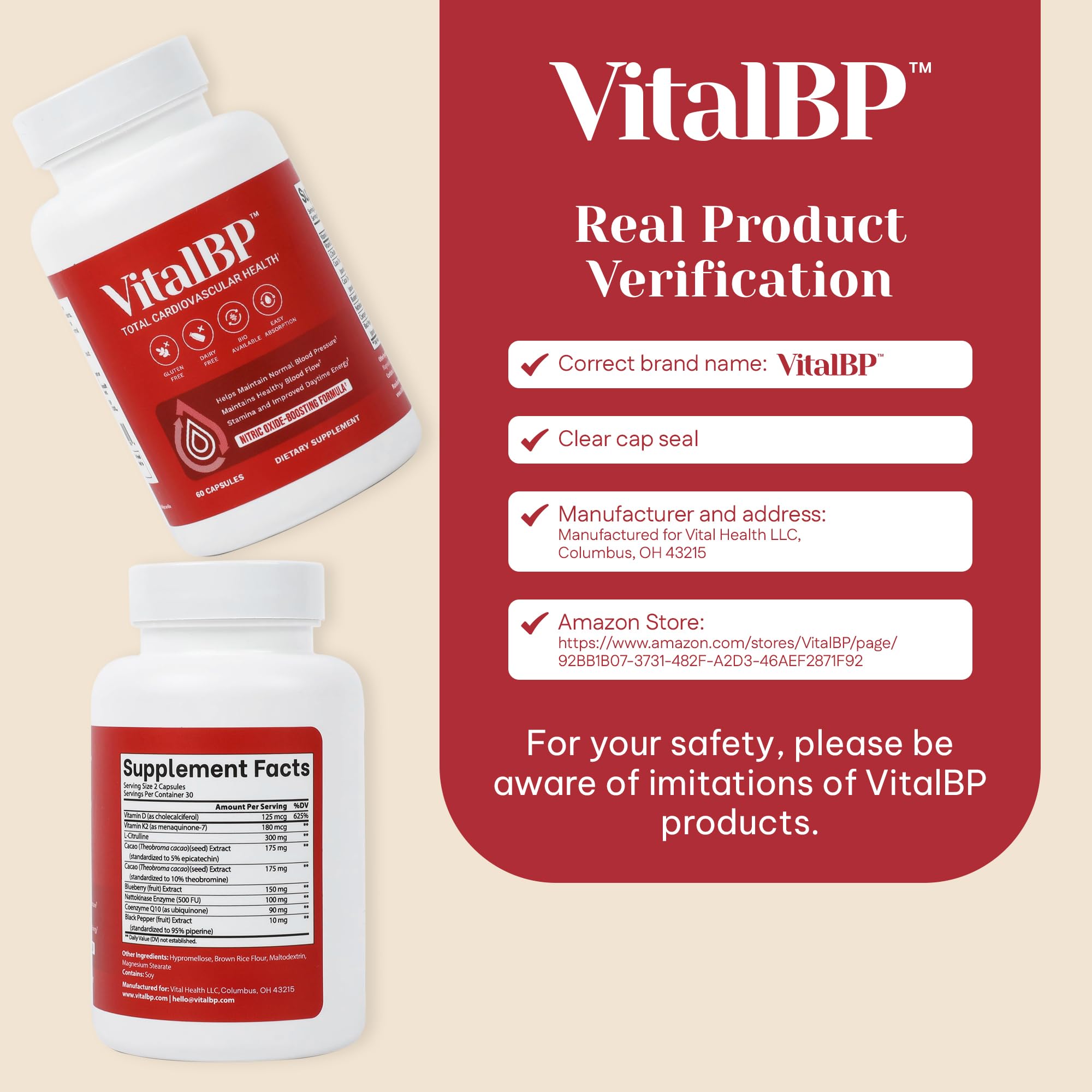 Vital BP - Support for Normal Blood Pressure - Supports Blood Flow & Arteries - with CoQ10, L-Citrulline, and K2 & D3-60 Capsules VitalBP Au supplements