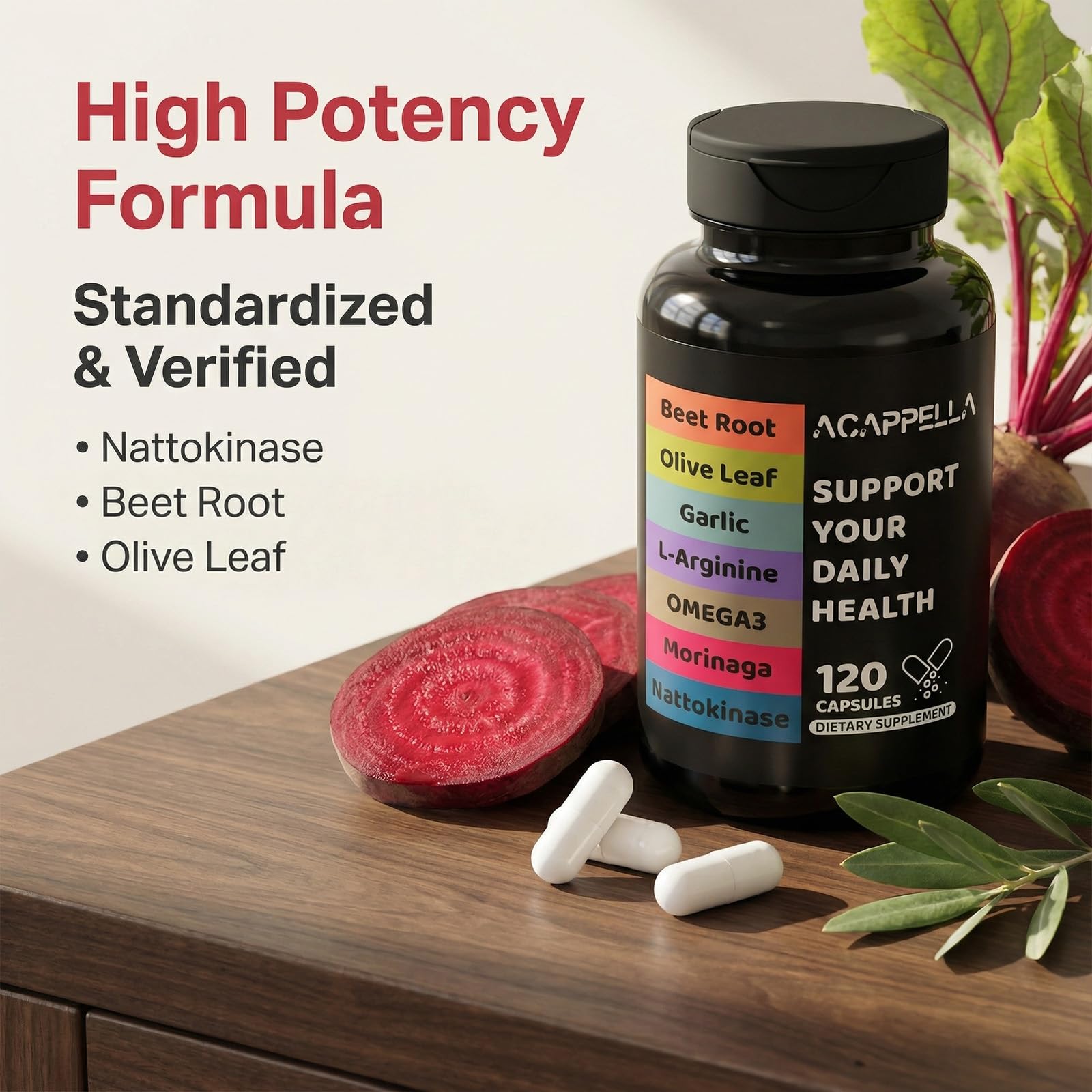 ACAPPELLA Moringa Capsules with Beet Root Capsule Olive Leaf Garlic L-Arginine Omega 3 Nattokinase Supplement - 120 Count ACAPPELLA Au supplements