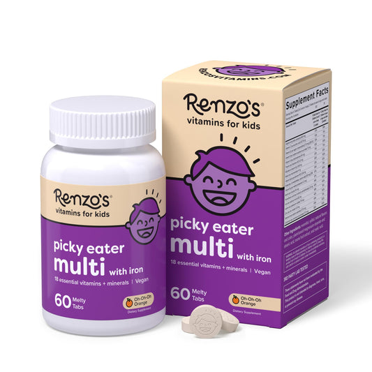 Renzo's Picky Eater Kids Multivitamin with Iron - Dissolvable Kids Vitamins with Iron, Zinc, Vitamin C, Vitamin D, E & K, Sugar-Free Melty Tabs, Orange Flavor Renzo'sUS supplements