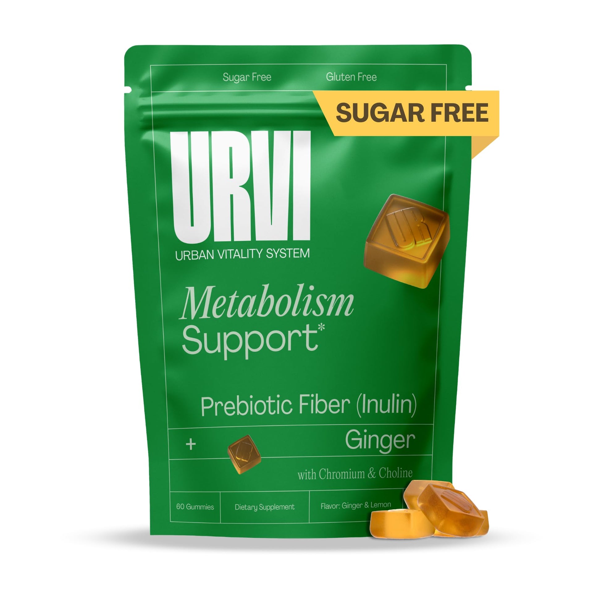 URVI® Metabolism Support Gummies 4-in-1 – Chromium Picolinate, Choline, Inulin & Ginger Extract - Prebiotic Fiber & Minerals – Gut Health & Digestive Support – Sugar-Free – Ginger-Lemon Flavor, 60pcs URVI Au supplements