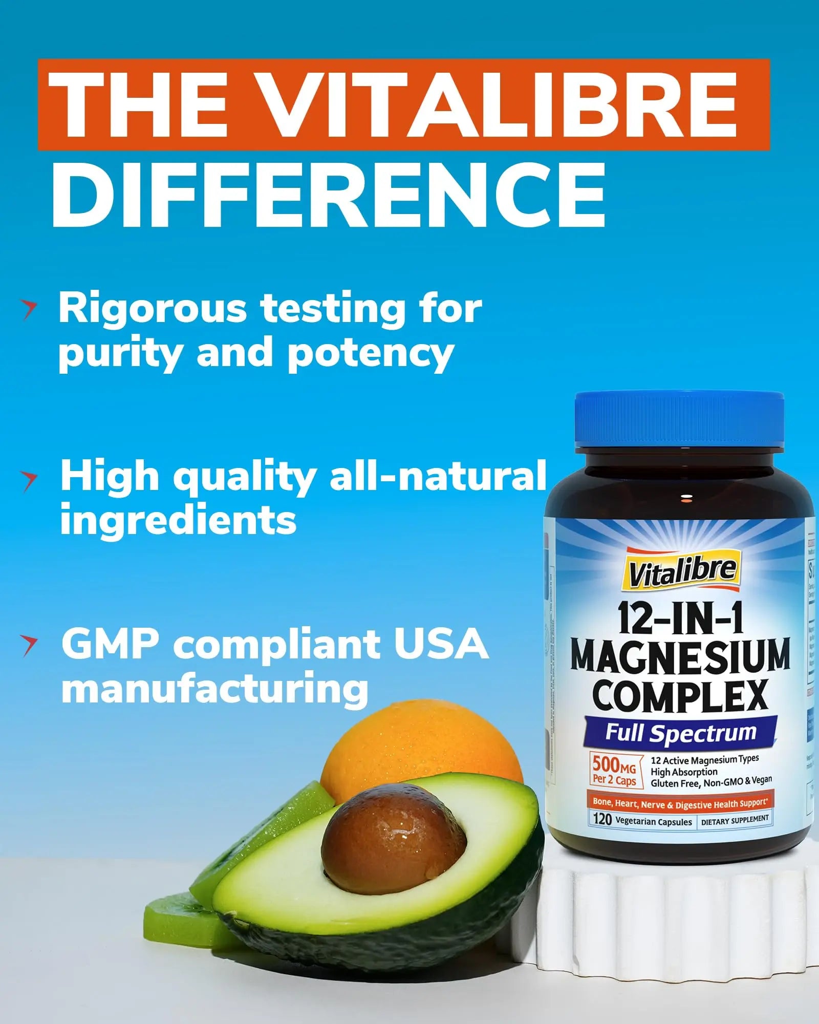 Vitalibre 12 in 1 Magnesium Complex Supplement 500mg | Max Absorption Chelated Magnesium Glycinate Citrate Malate & More for Bone, Nerve & Digestive Support | Non-GMO Vegan Capsules (120 Count) Vitalibre Au supplements