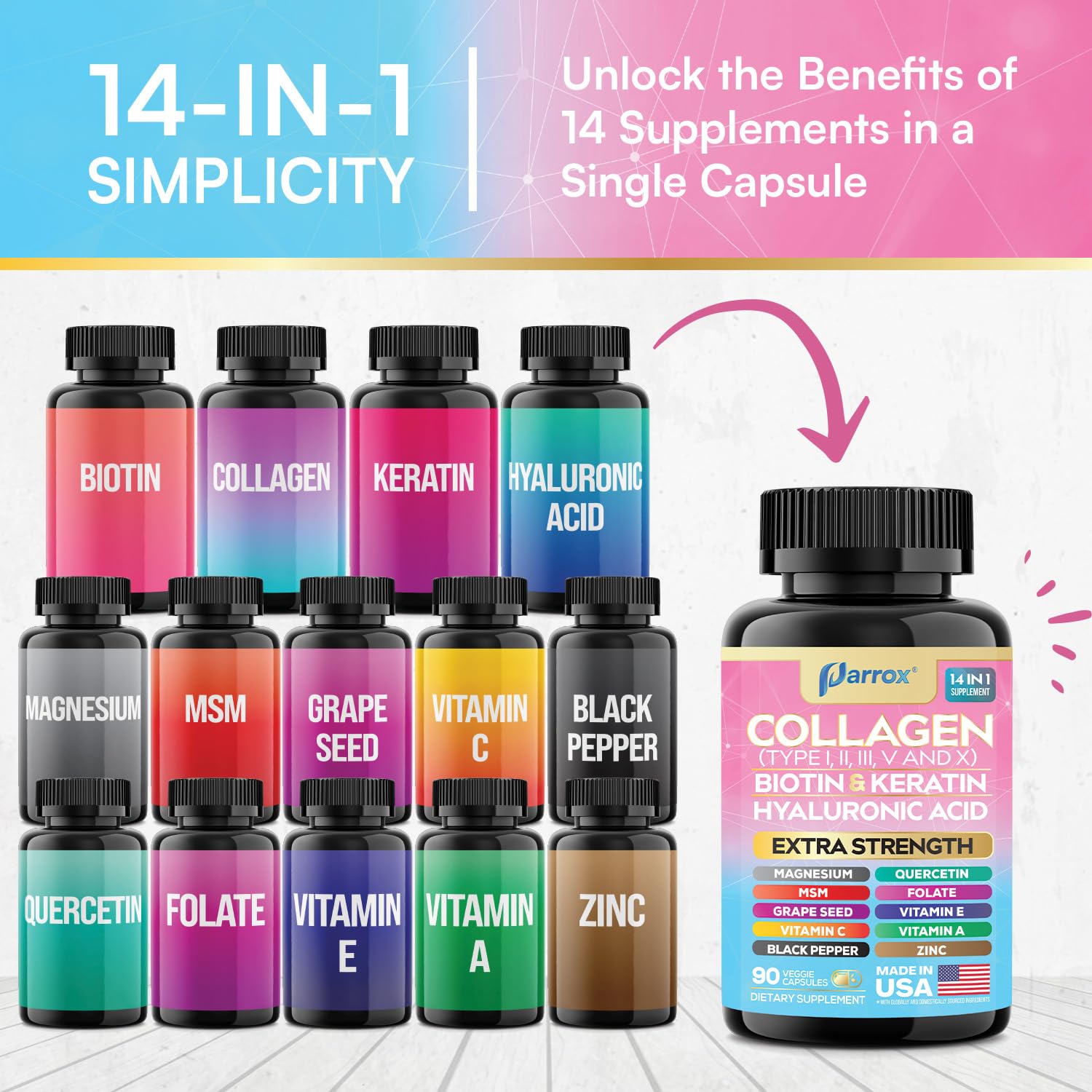 Parrox Collagen Peptides Types I, II, III, V & X, MCG Biotin, Keratin, Hyaluronic Acid, MSM, Zinc, Grape Seed Extract, Quercetin, Vitamin A, Vitamin C, Vitamin E, Magnesium, Folic Acid (90 Capsules) Parrox Au supplements