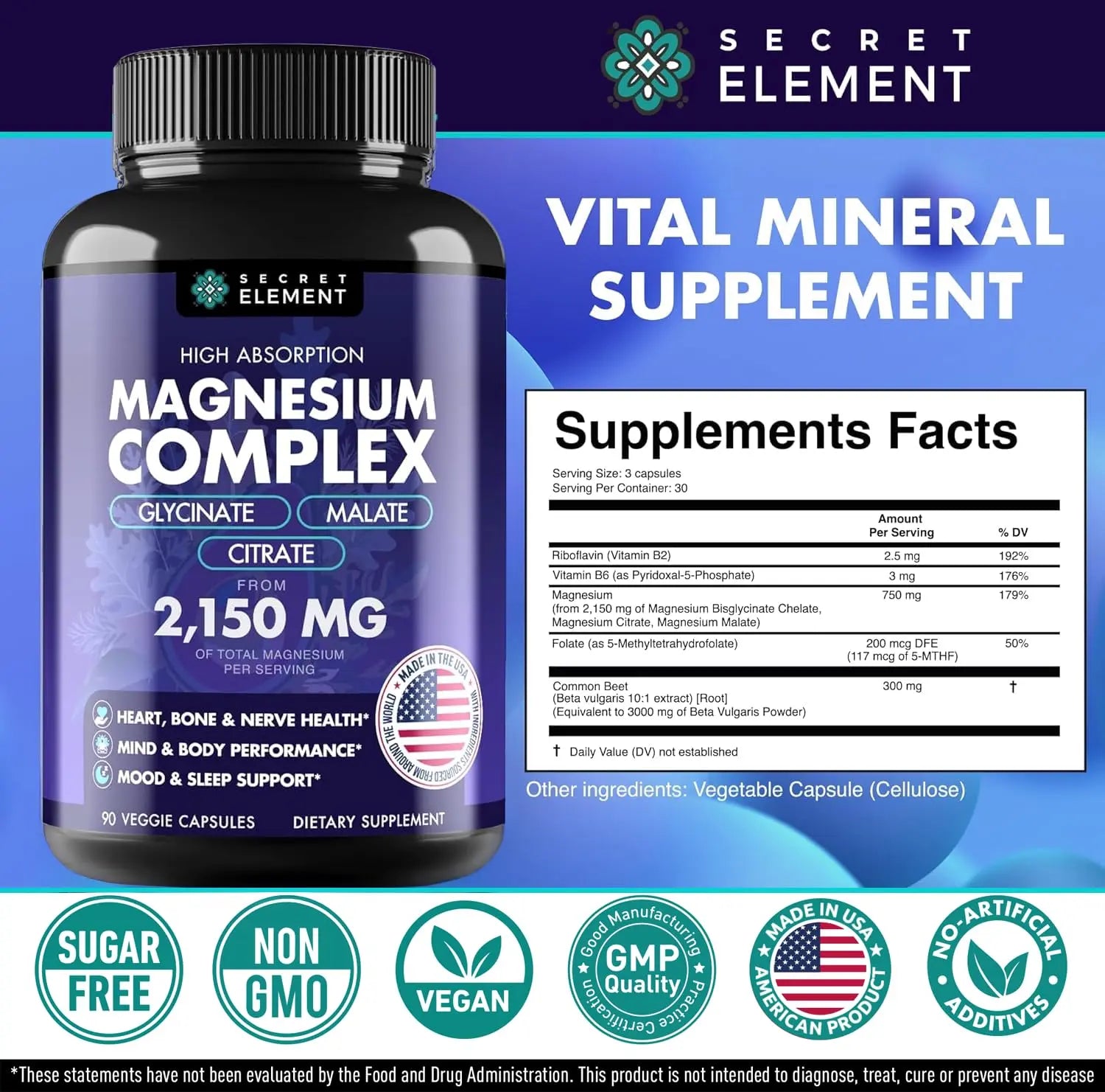 Magnesium Complex 2,150MG, High Absorption Capsules with Magnesium Glycinate, Citrate & Malate, Plus Vitamin B6, B2, Folate & Beet Root, Vegan, Non-GMO, No Artificial Additives, 90 Capsules Secret Element Au supplements