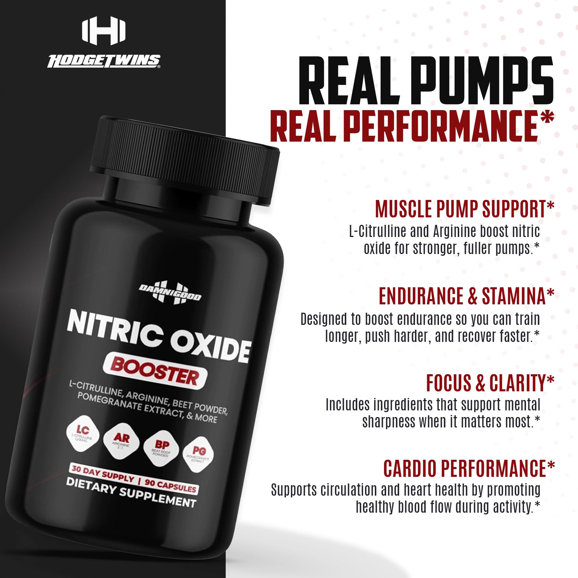 DAMN GOOD The Hodge Twins Nitric Oxide Booster – Beet Root Nitric Oxide & Arginine Citrulline Supplement, Pomegranate Blend for Workout Drive, Endurance Support & Pump Power - 90 Capsules DAMN GOOD Au supplements