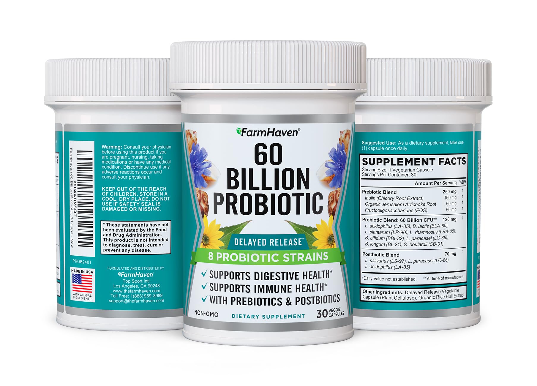 FarmHaven 60 Billion CFU Probiotic - 8 Probiotic Strains - Prebiotics & Postbiotics - Supports Digestive & Immune Health - Delayed Release - Shelf Stable - Non-GMO, Gluten Free - 30 Caps FarmHaven Au supplements
