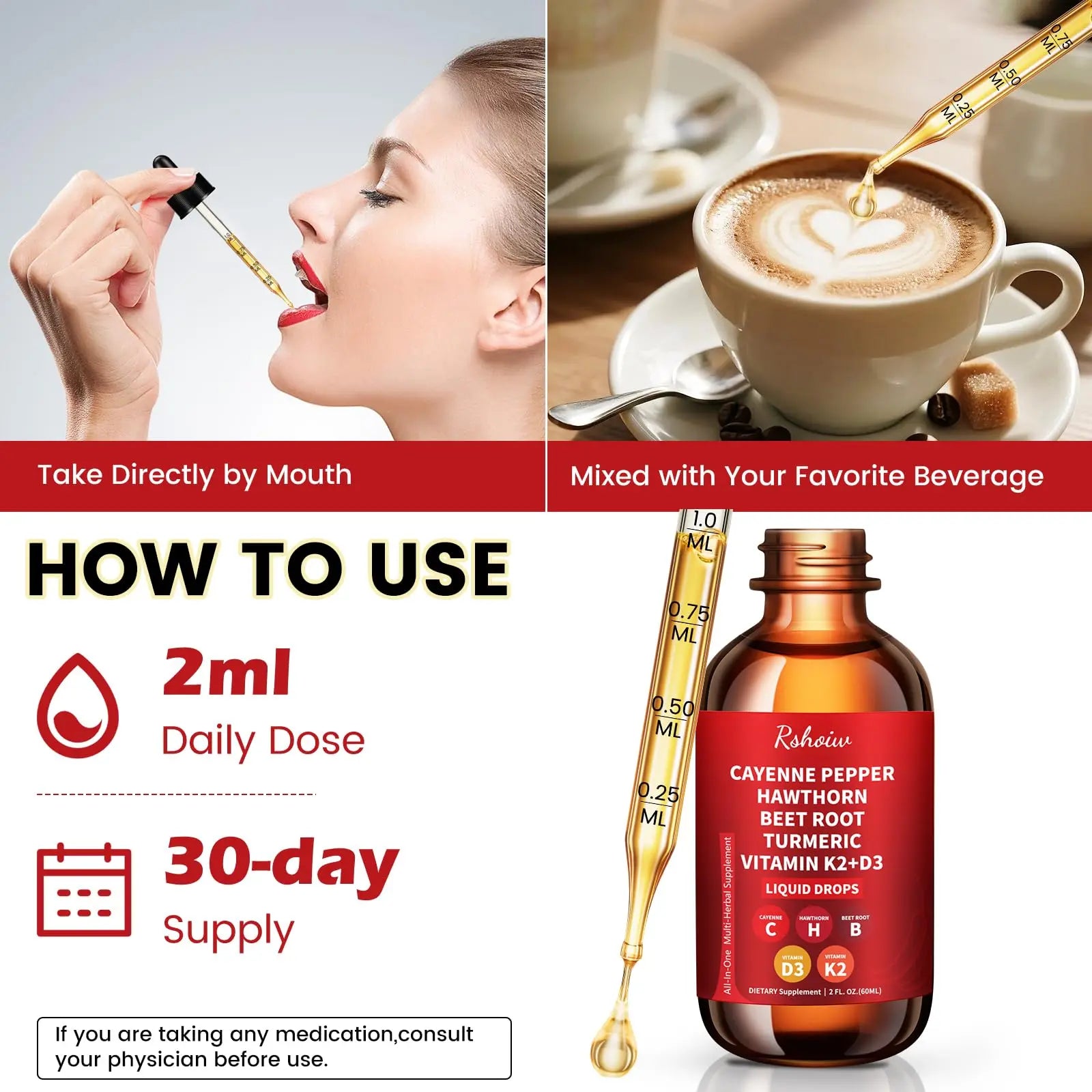 Cayenne Pepper Drops Supplement Liquid with Hawthorn Berry, Vitamin D3 K2, Turmeric Curcumin, Beet Root, Ceylon Cinnamon Vegan- Friendly - 60ml Rshoiw Au supplements