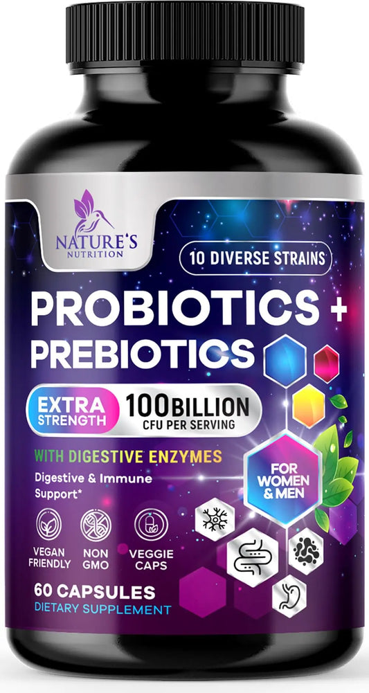 Probiotics 100 Billion CFU Per Serving - 10 Probiotic Strains & Prebiotics - Digestive Gut Health, Immune Support & Occasional Constipation, Gas & Bloating - Daily Supplement For Adults - 60 Capsules Nature's NutritionAU supplements