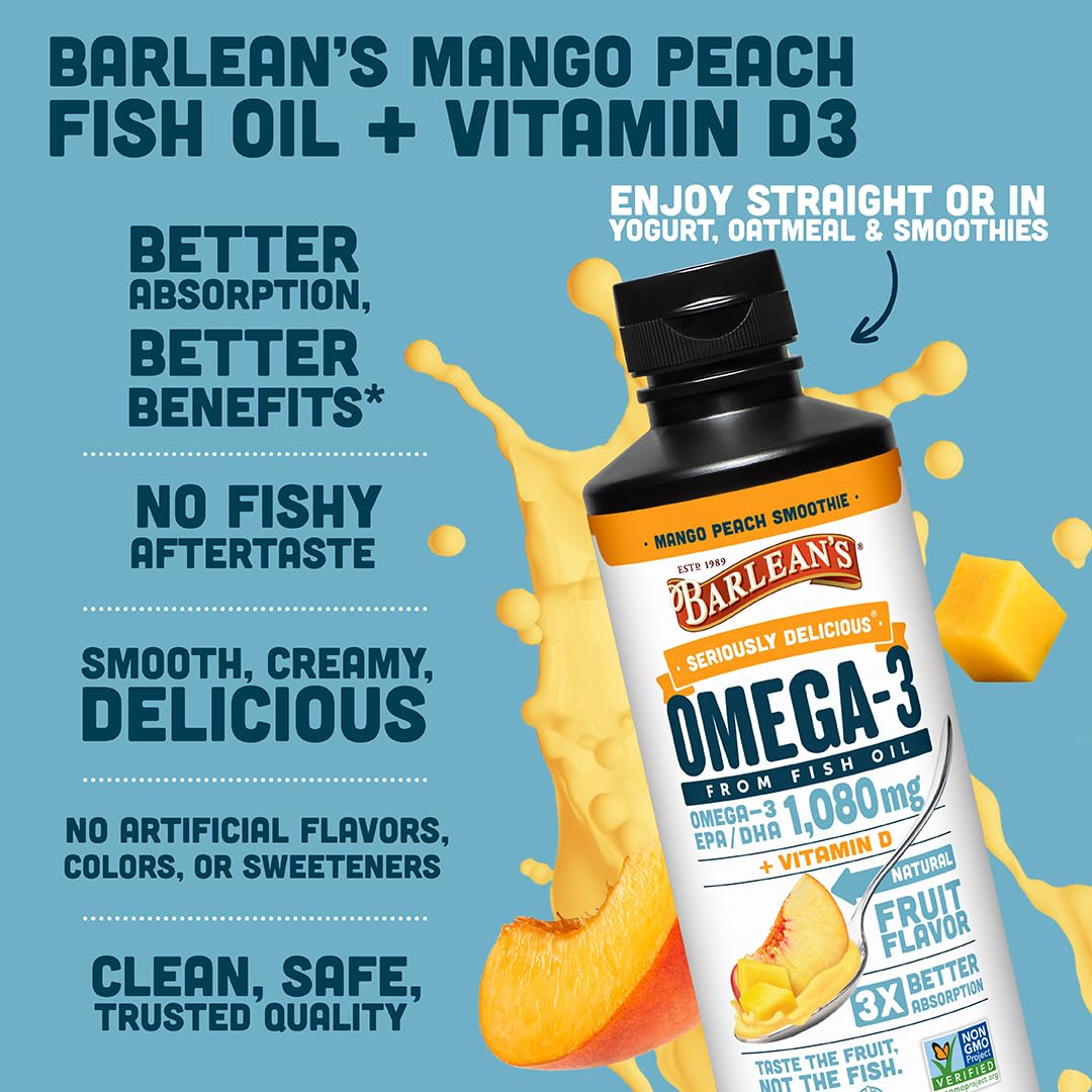 Barlean's Omega 3 Fish Oil Liquid Supplement with Vitamin D for Men and Women, 1080mg of EPA and DHA Fatty Acid, Promotes Brain & Heart Health - Non-GMO, Mango Peach, 16 oz Barlean's Au supplements