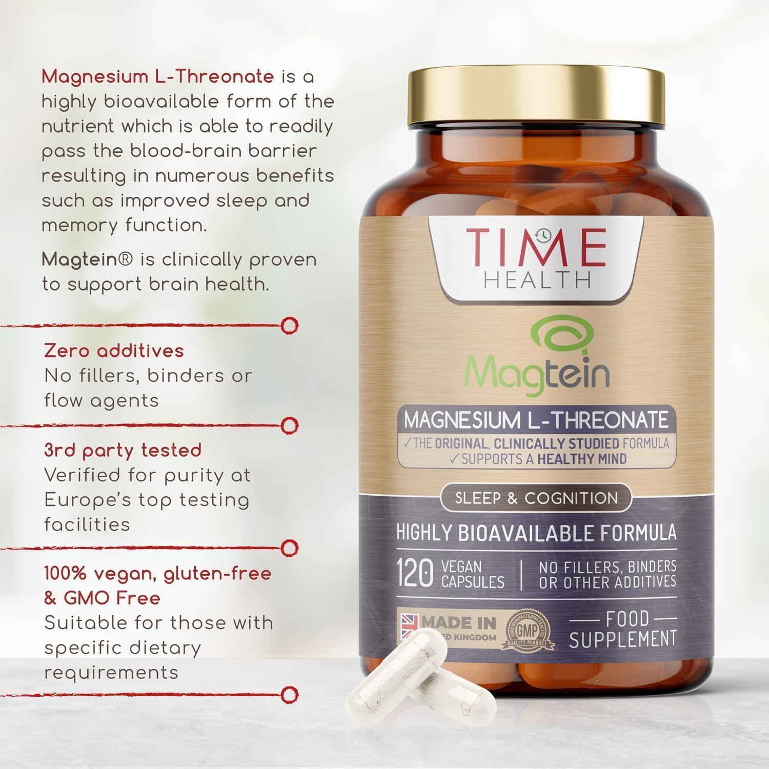 Magtein® Magnesium – 120 Capsules – High Strength 2100mg – Highly Bioavailable Time Health Au supplements
