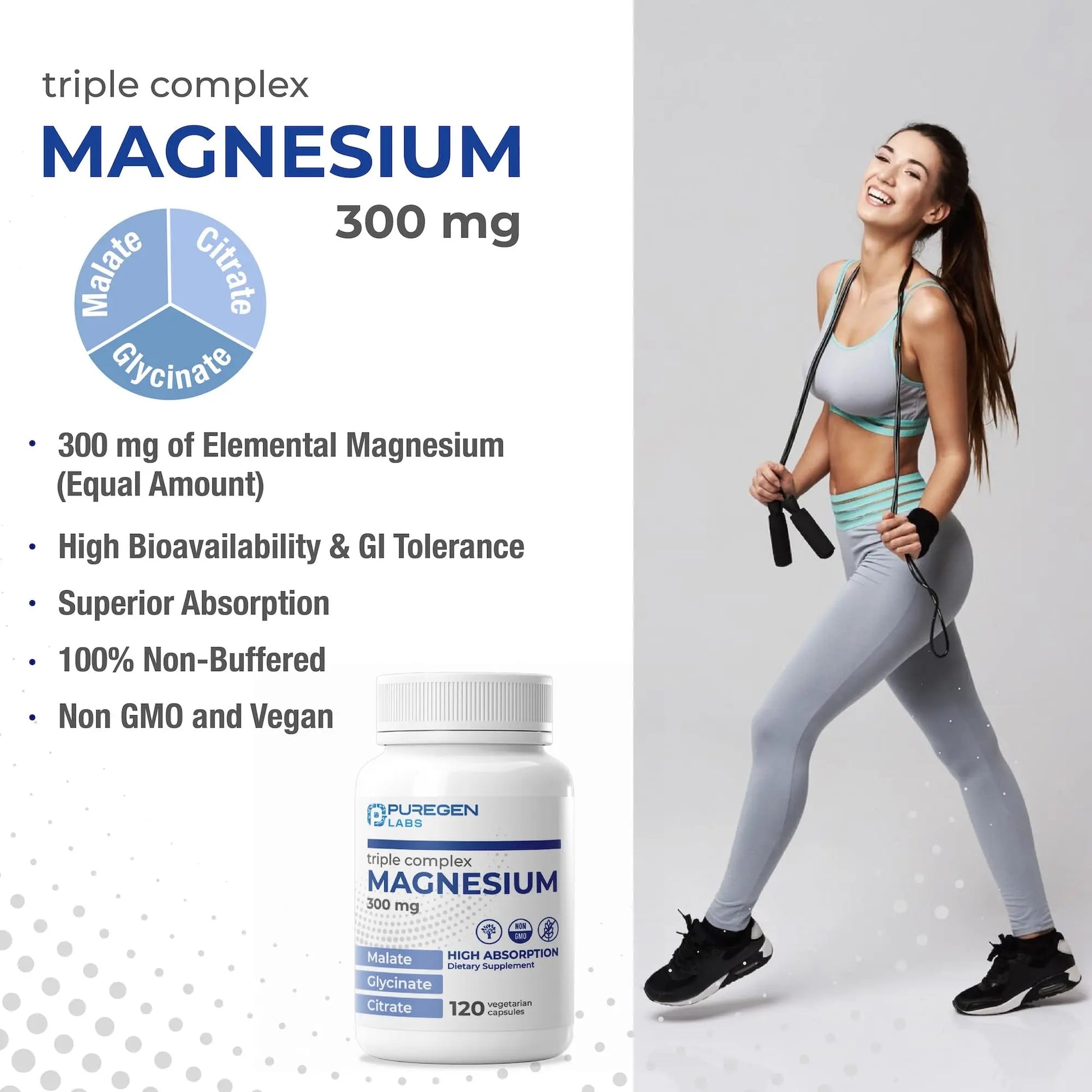 Puregen Labs Triple Magnesium Complex 300mg of Magnesium Glycinate, Malate, & Citrate [High Absorption] 120 Veg Capsules | No Harmful Additives | Non-GMO, NO Gluten and Dairy P Puregen Labs Au supplements