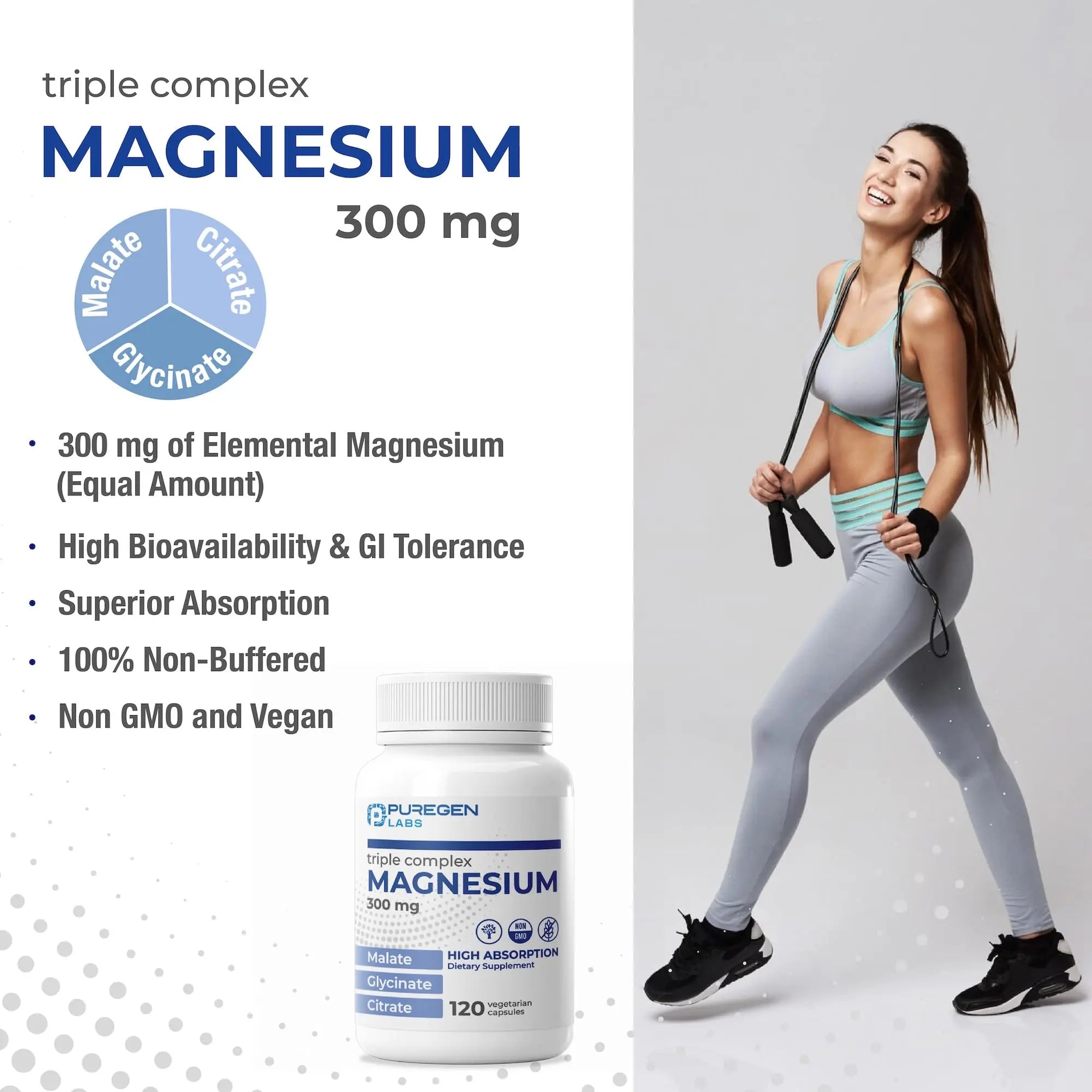 Puregen Labs Triple Magnesium Complex 300mg of Magnesium Glycinate, Malate, & Citrate [High Absorption] 120 Veg Capsules | No Harmful Additives | Non-GMO, NO Gluten and Dairy P Puregen Labs Au supplements