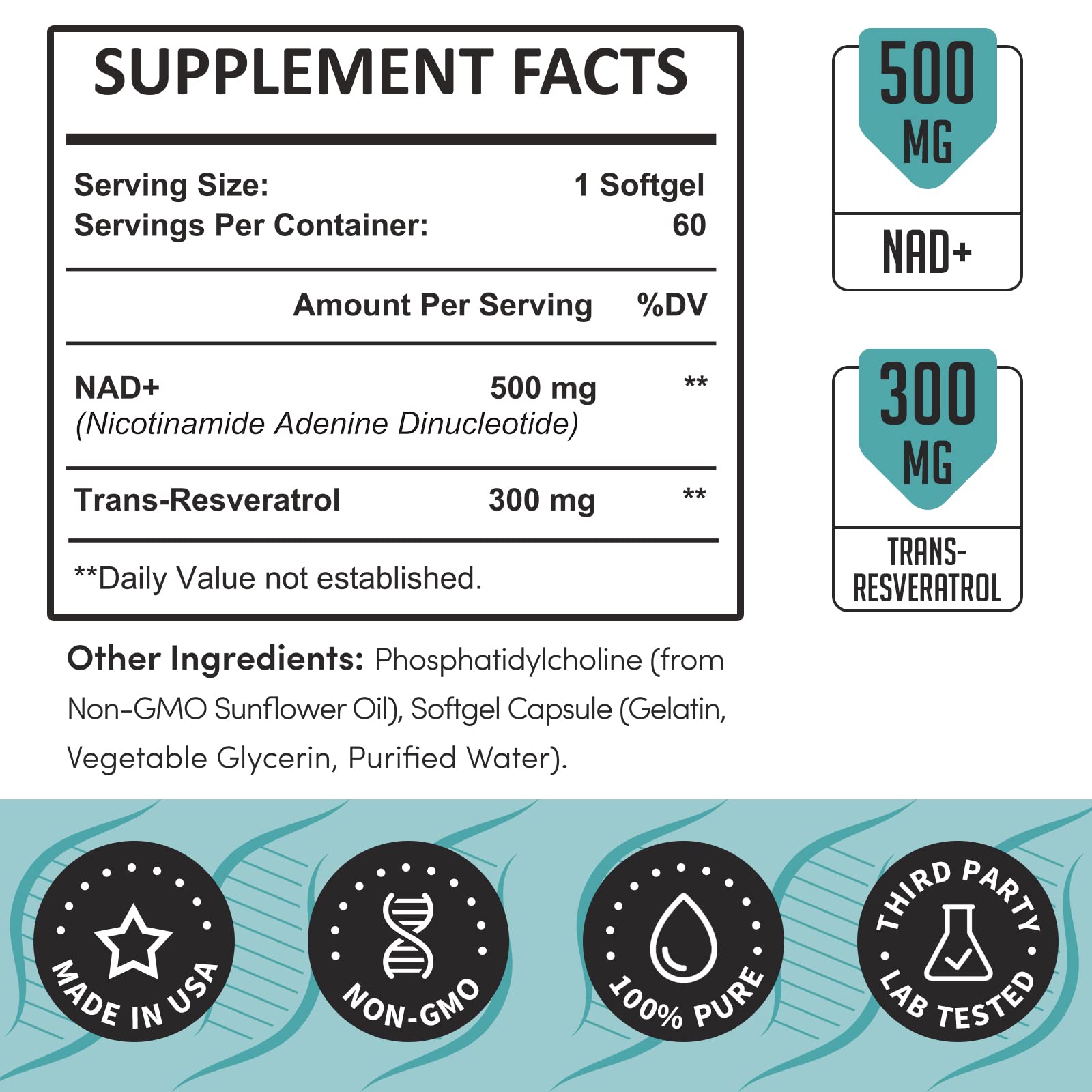 Rhamoph Liposomal NAD+ 800 mg with Trans-Resveratrol 300 mg, Max Absorption, Actual NAD+ Boosting Supplement for Healthy Aging, Cellular Energy, DNA Repair, Longevity - 60 Softgels Rhamoph Au supplements