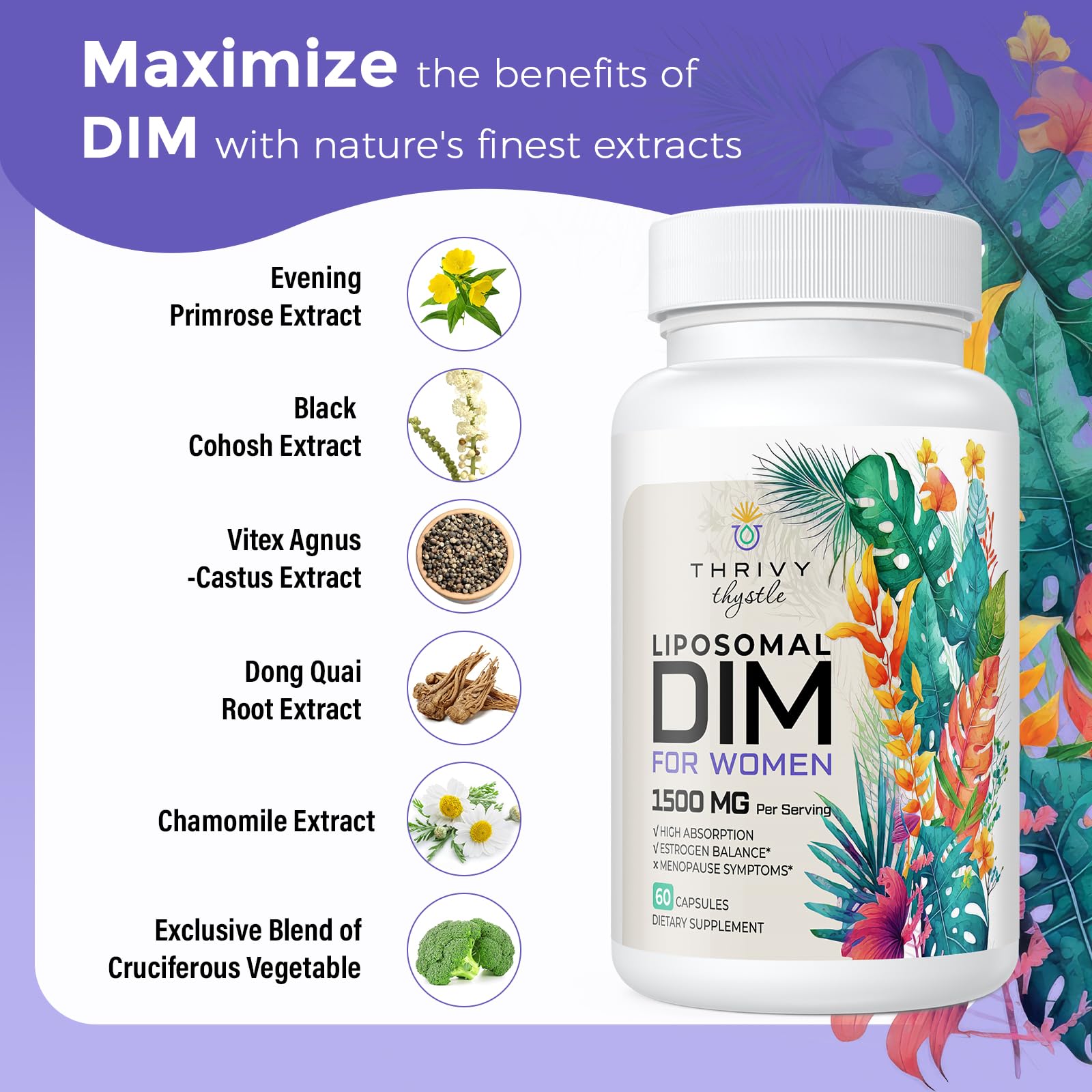 ThrivyThystle Liposomal DIM 400 mg - Hormone Balance, Estrogen Support for Women, DIM Supplement with Vitamin E, Evening Primrose, Black Cohosh, Omega-3 Fatty Acids (120 Capsules) ThrivyThystle Au supplements