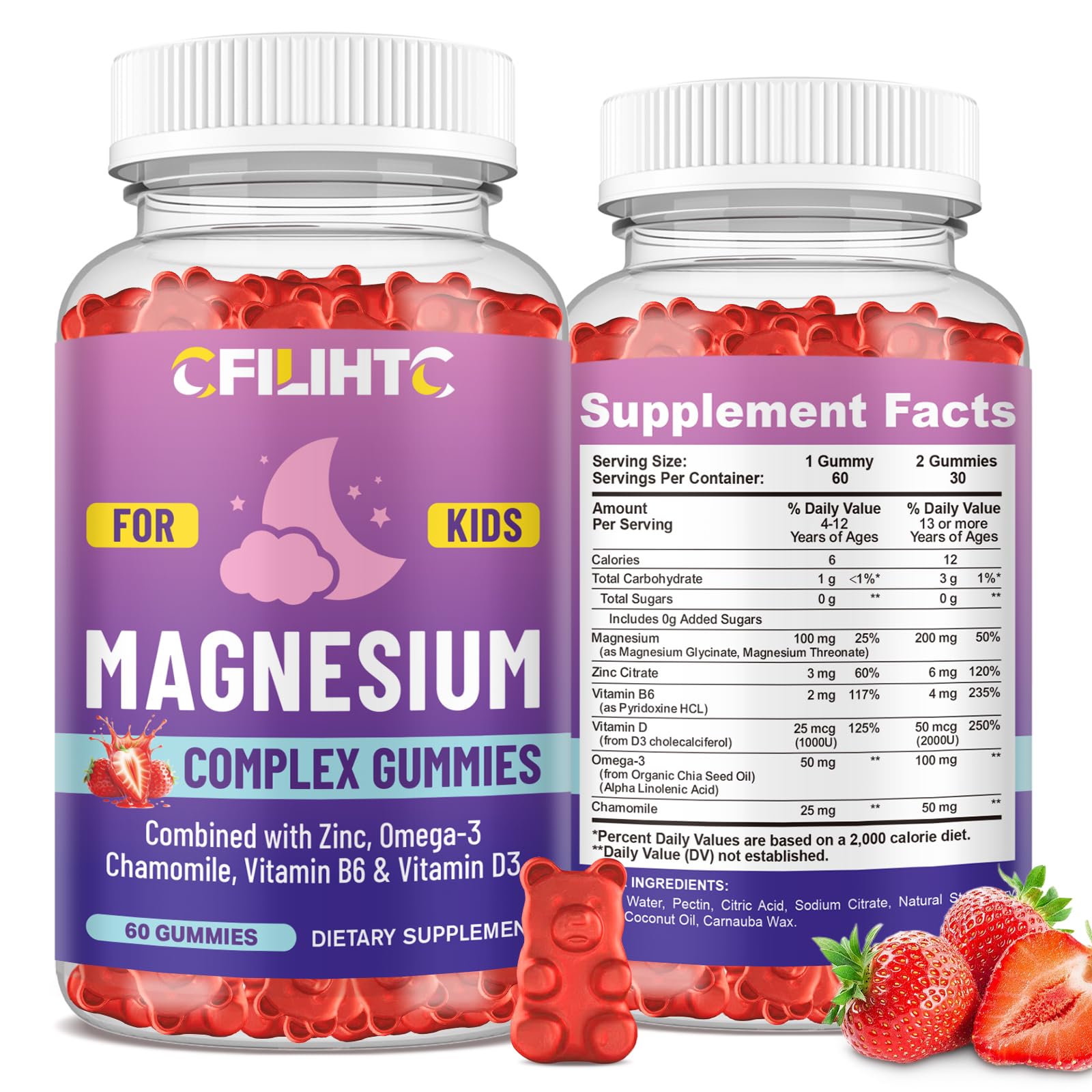 Kids Magnesium Gummies-Magnesium Glycinate Gummies for Kids Supplement-w/Zinc, Chamomile, Omega-3, Vitamin B6, D3 - for Sleep, Relaxation, Brain, Bones, Children's Calm, Sugar Free Strawberry 60ct CFILIHTC Au supplements