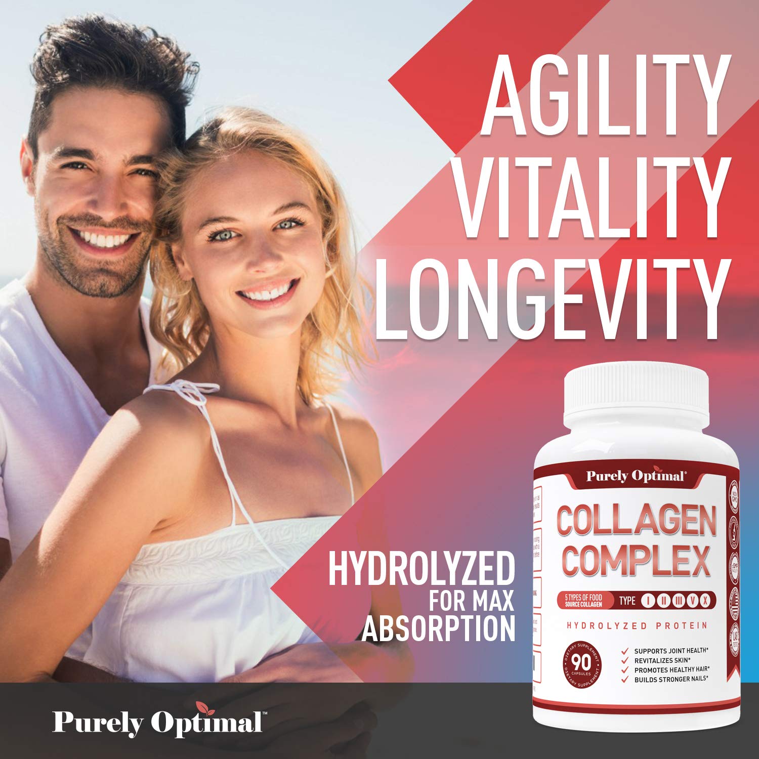 Purely Optimal Premium Multi Collagen Peptides Capsules (Types I, II, III, V, X) - Hair Purely Optimal Au supplements