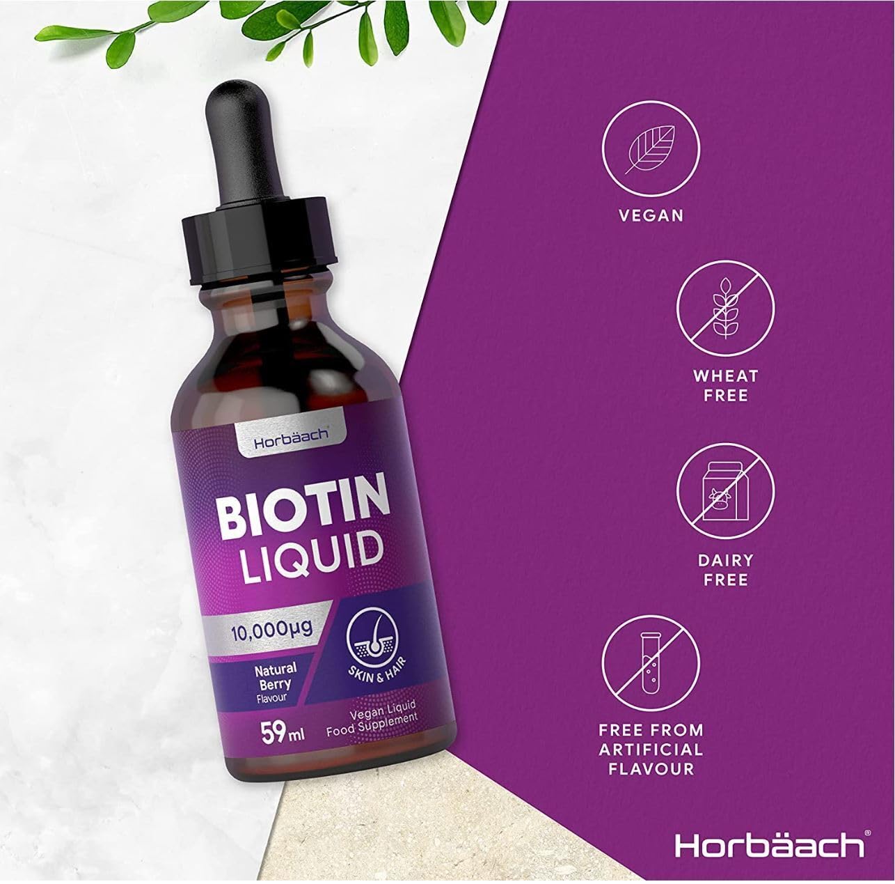 Biotin Liquid Drops for Hair & Skin Support | 10000 mcg Supplement | 59 ml Vitamin B7 Horbäach Au supplements