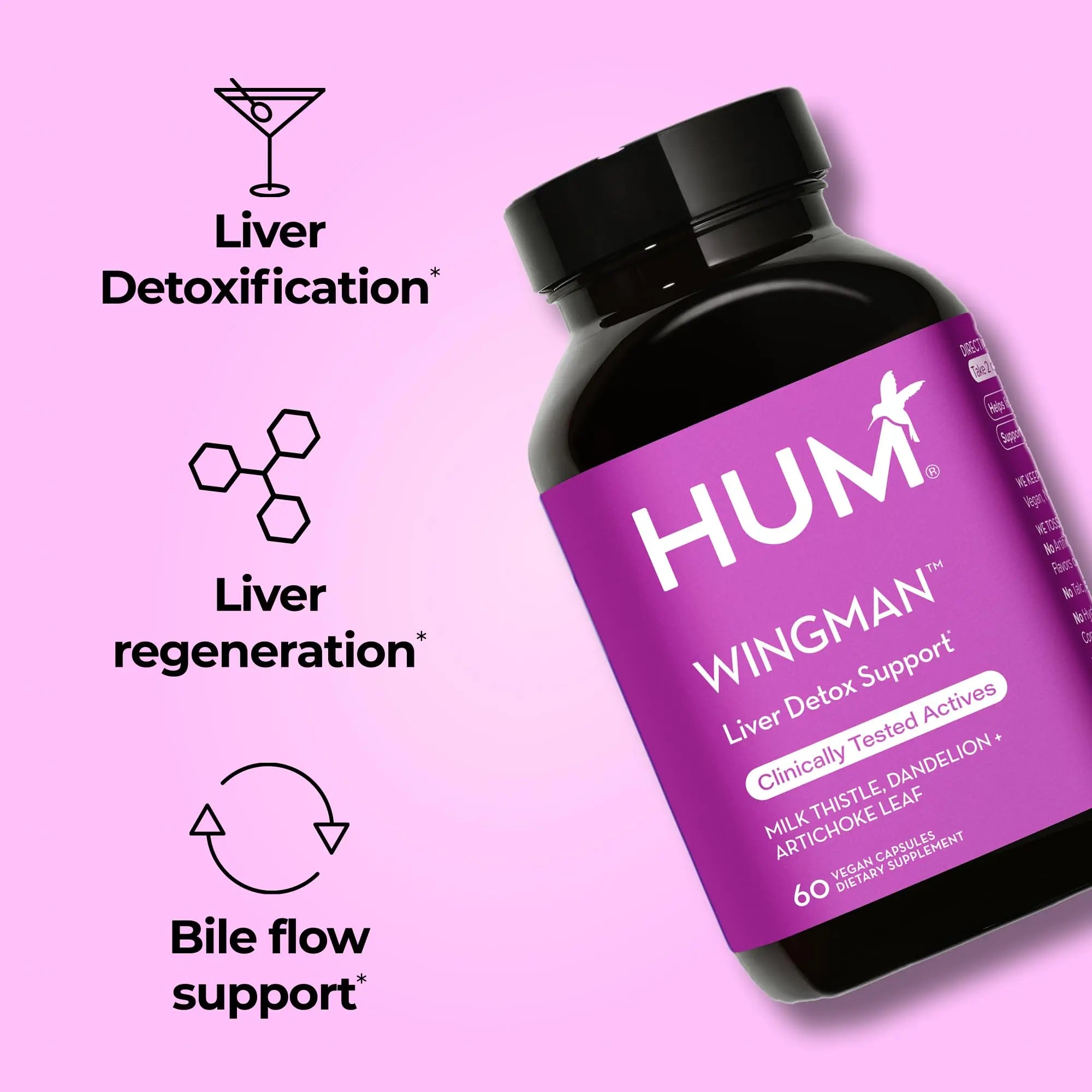 HUM Wing Man Liver Support Supplement with Milk Thistle, Dandelion Root Powder & Artichoke Leaf Extract For Liver Health & Function Support, Milk Thistle Supplement Helps Flush Out Toxins, 60 Capsules HUM Au supplements