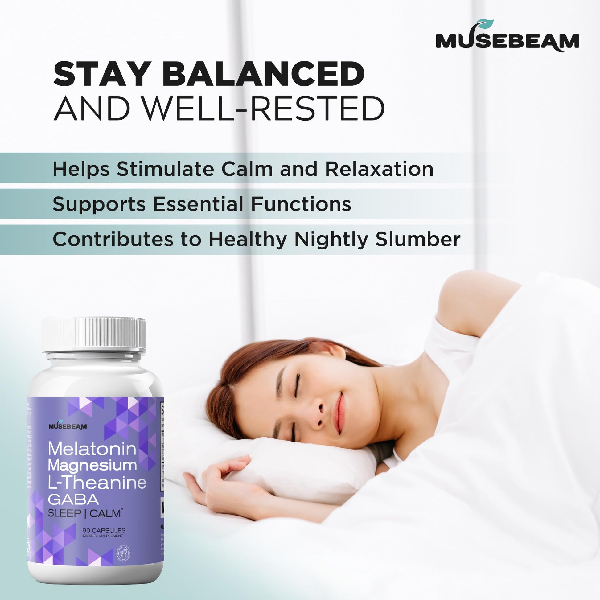 MuseBeam Magnesium Glycinate 275mg Melatonin 5mg L-Theanine 200mg GABA 100mg Capsules - Full Rest Nighttime Bedtime Support Supplement for Men Women - Vegan Sugar-Free Gluten-Free musebeam Au supplements