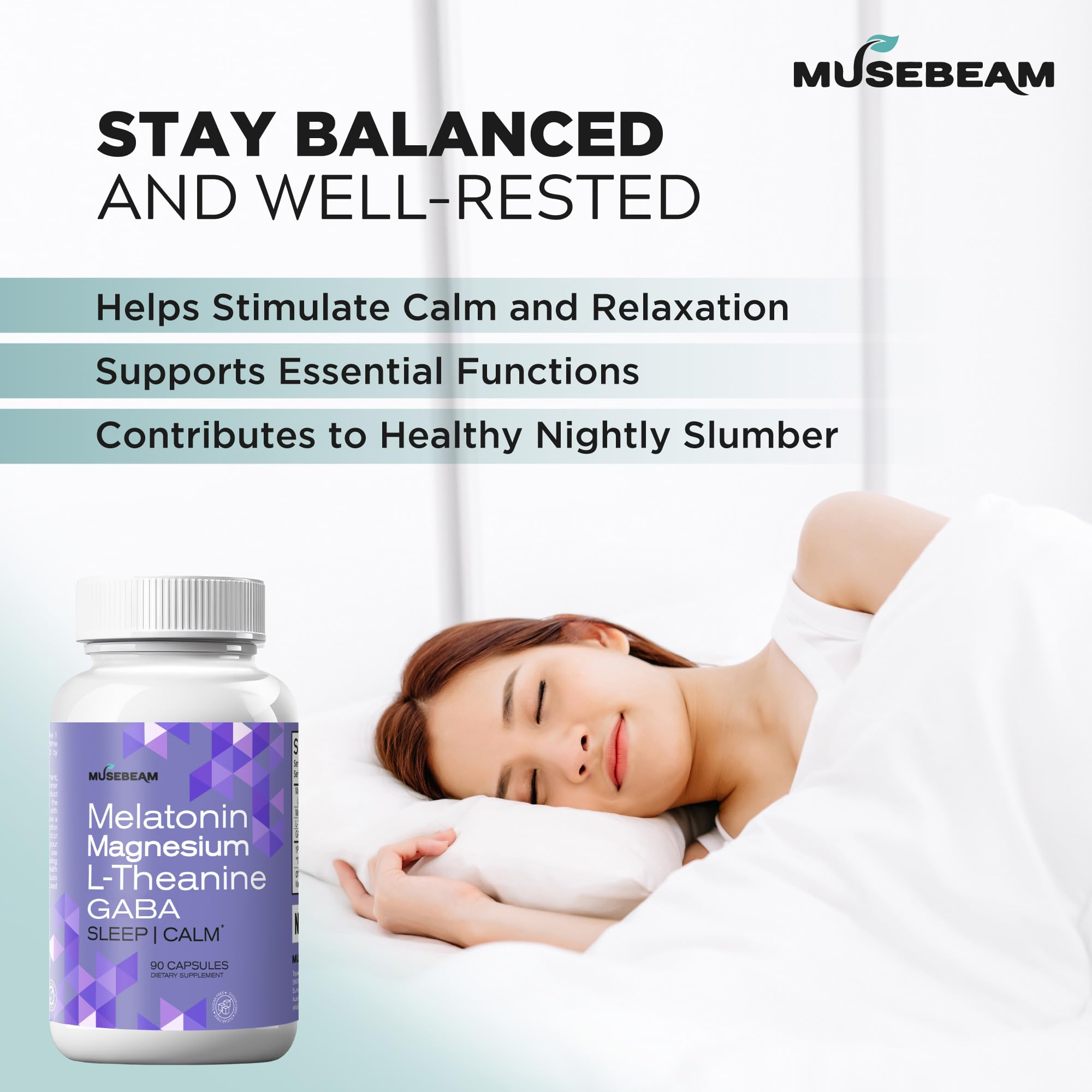 MuseBeam Magnesium Glycinate 275mg Melatonin 5mg L-Theanine 200mg GABA 100mg Capsules - Full Rest Nighttime Bedtime Support Supplement for Men Women - Vegan Sugar-Free Gluten-Free musebeam Au supplements