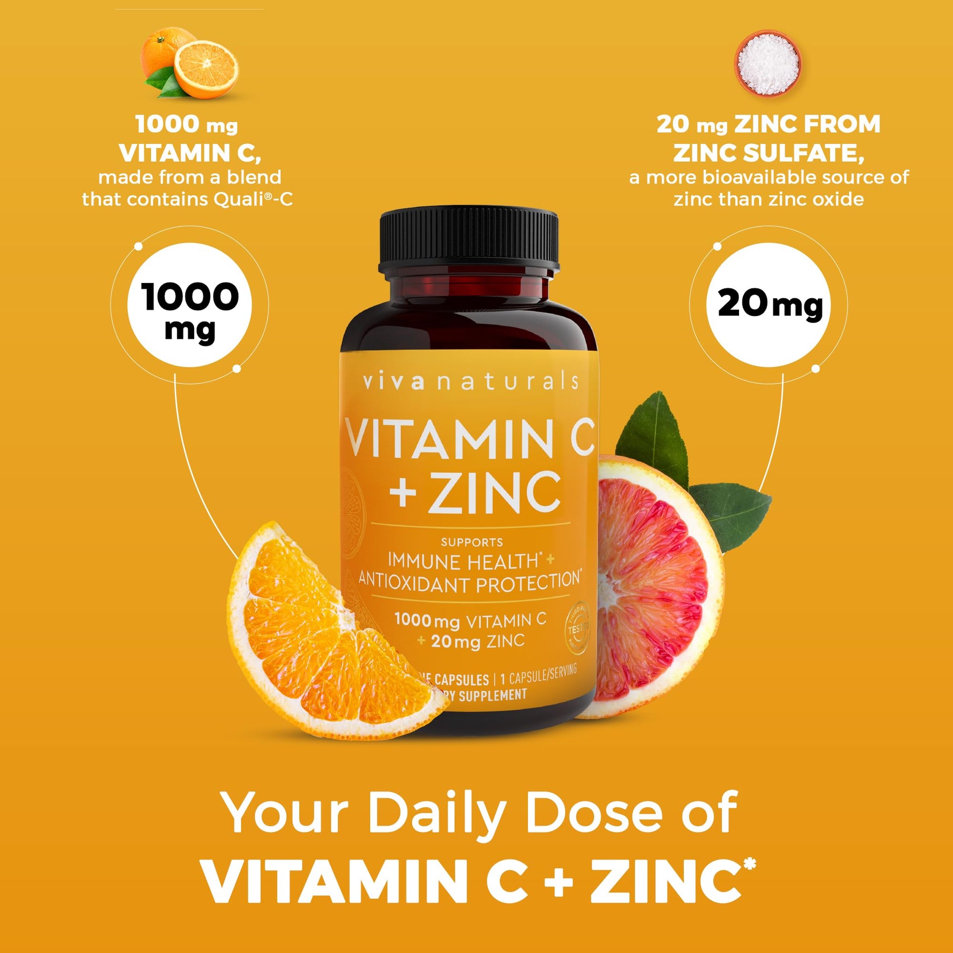 Viva Naturals Vitamin C and Zinc Supplement (250 Capsules) - 1000 mg Vitamin C with Zinc 20 mg Antioxidant Supplements for Immune Support, Vitamin Supplement for Adults Viva Naturals Au supplements