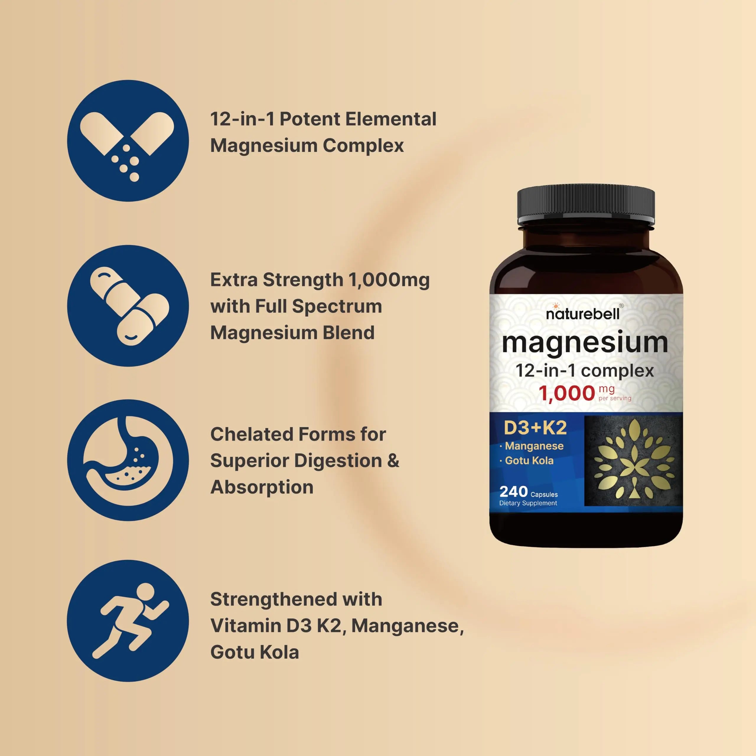 NatureBell 12-in-1 Magnesium Complex 1000mg, 4-Months Supply – Magnesium Glycinate, Citrate, Taurate, Malate, & More – High Absorption Formula for Men & Women – Chelated & Purified – 240 Capsules NatureBell Au supplements