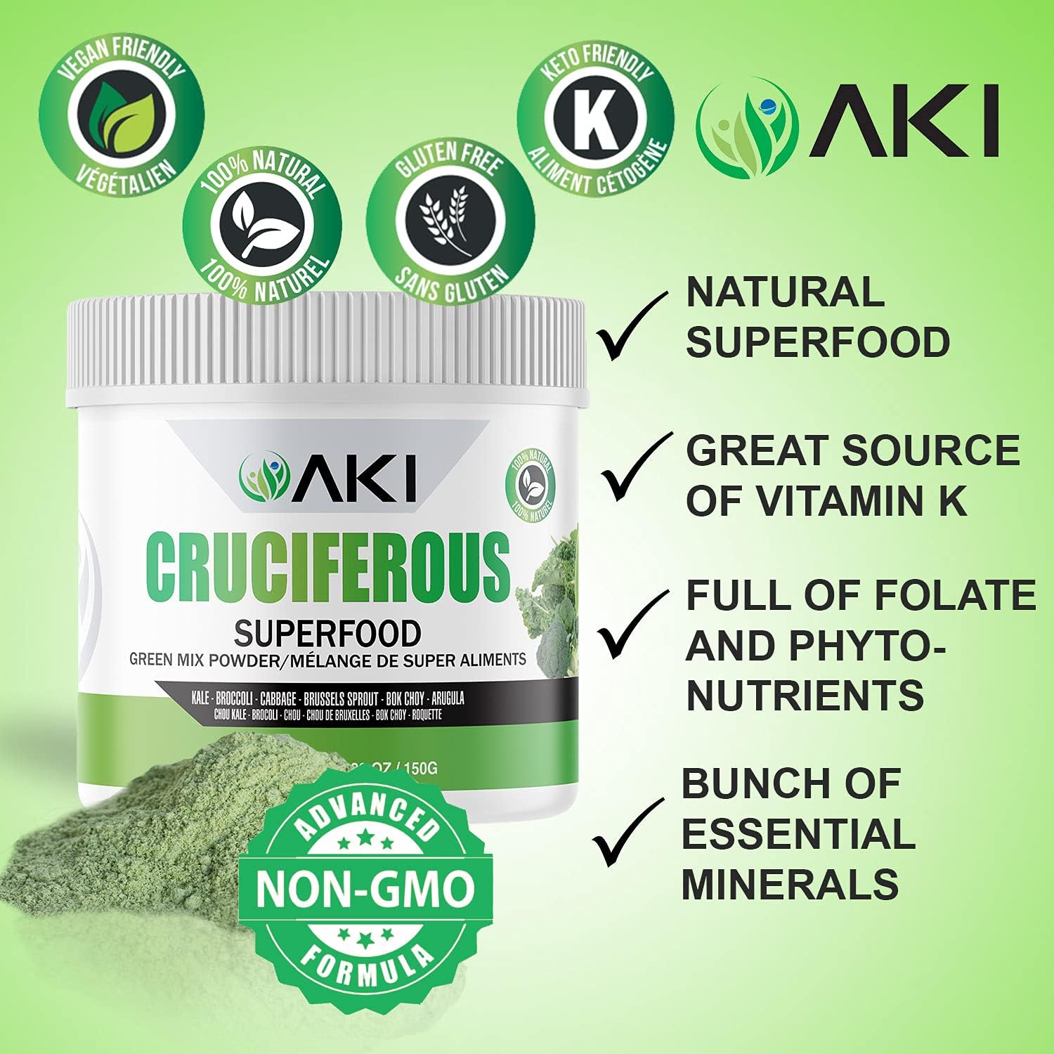 AKI Cruciferous Superfood Green Mix Powder - Made from Kale, Broccoli, Brussels Sprouts, Cabbage - Packed with Essential Phytonutrients & Vitamins ((5.3oz/150g)) AKI ORGANIC Au supplements
