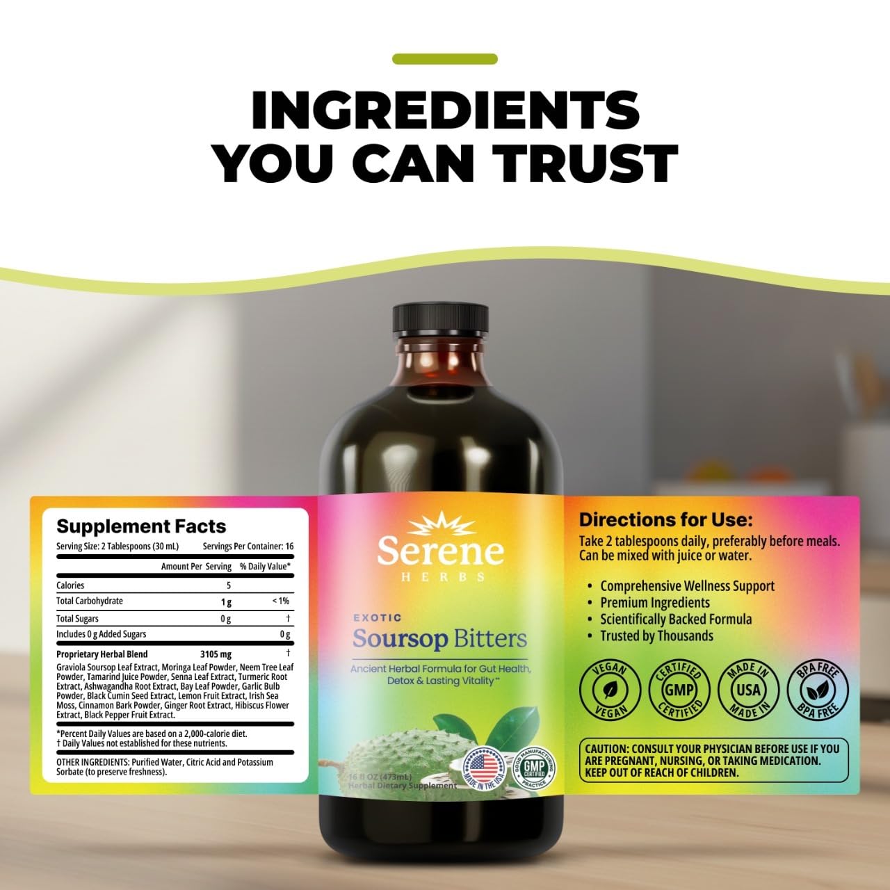 Serene Herbs - Soursop Bitters Liquid - Organic Herbal Guanabana Detox with Black Seed, Moringa & Ginger
