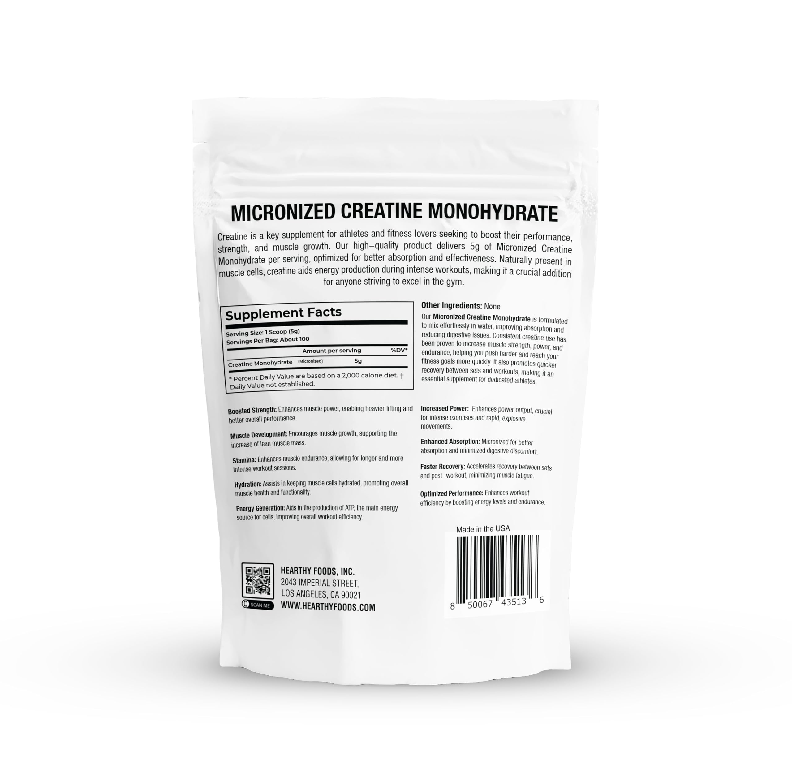 HEARTHY FOODS Creatine Monohydrate Micronized Powder 500G - 100 Servings, 5000mg Per Serving (5g) - 17.9 Oz for Men & Women Muscle Growth & Recovery - UNFLAVORED HEARTHY FOODS Au supplements